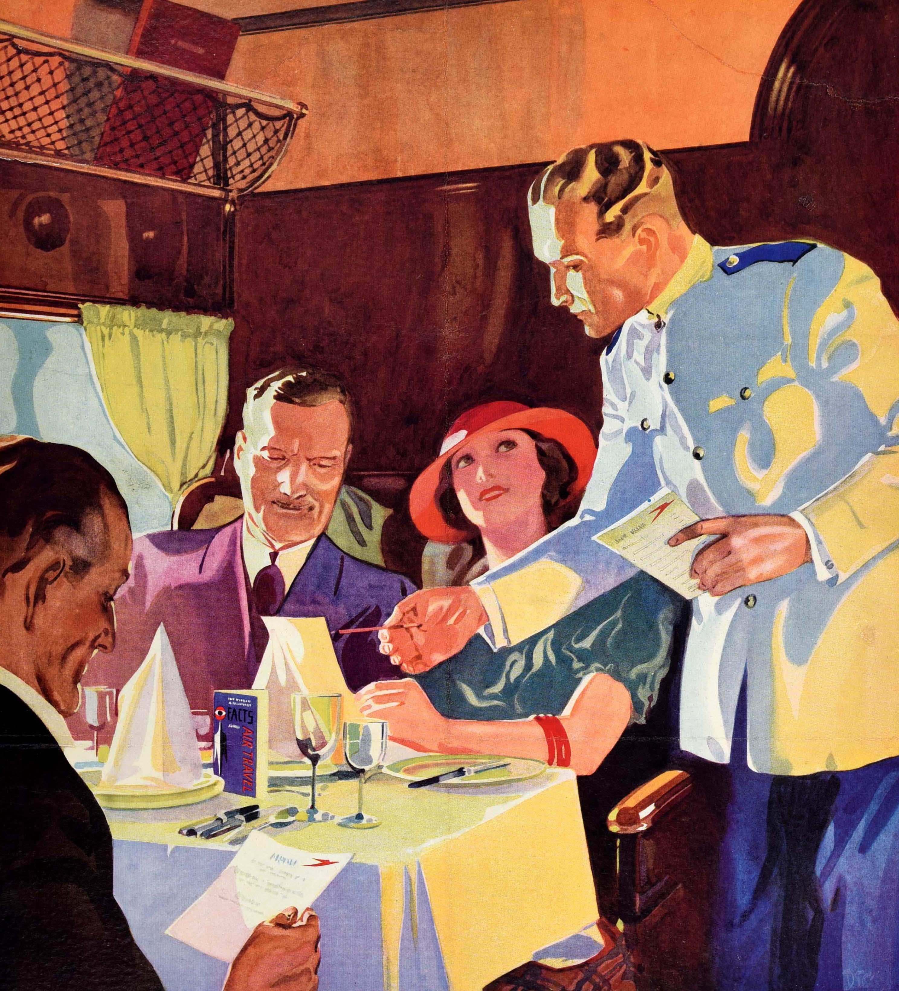 Original vintage travel advertising poster - Imperial Airways Lunching in the Air! The most comfortable air line is Imperial Airways to Europe Africa Asia Australia - featuring a flight attendant waiter taking an order from three smartly dressed