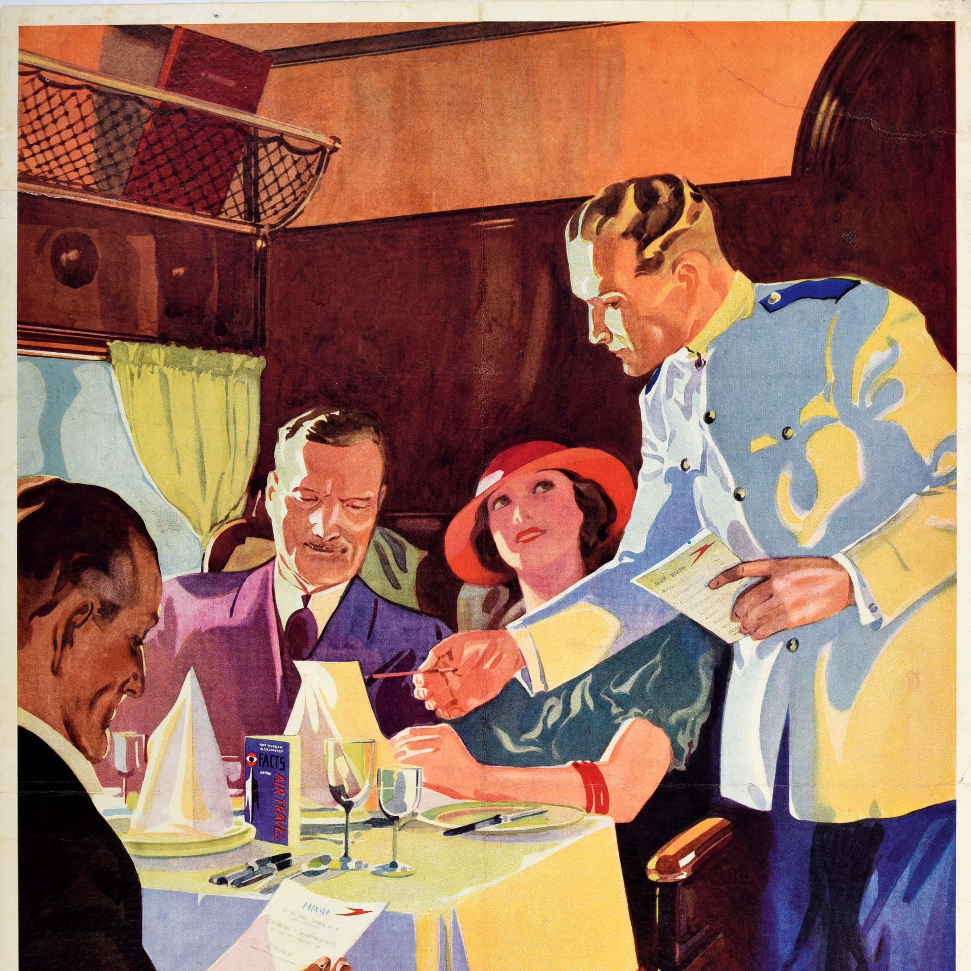 Original Vintage Travel Advertising Poster Imperial Airways Lunching In The Air In Good Condition For Sale In London, GB