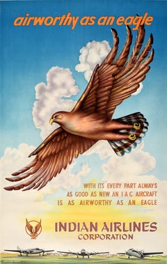Original Vintage Travel Advertising Poster Indian Airlines Corporation Eagle