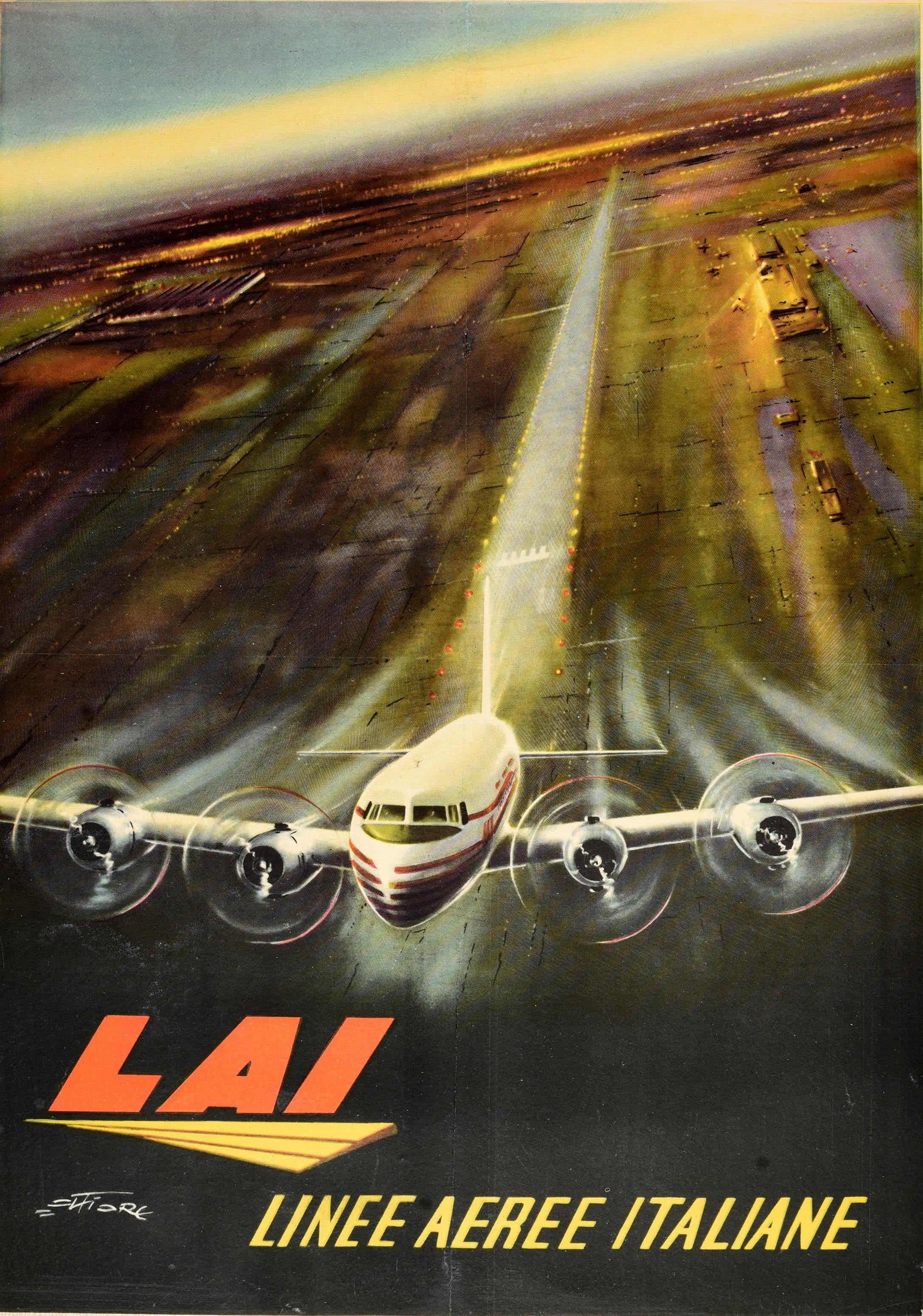 Original vintage travel advertising poster for LAI Linee Aeree Italiane (1946-1957) Italian Airlines featuring a dramatic design by Amleto Fiore (1920-2008) depicting a four engine propeller plane taking off at speed from a runway at dawn towards