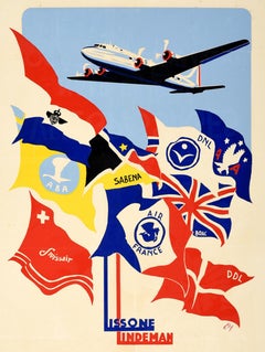 Original Vintage Travel Advertising Poster Lissone Lindeman Air Travel Aviation