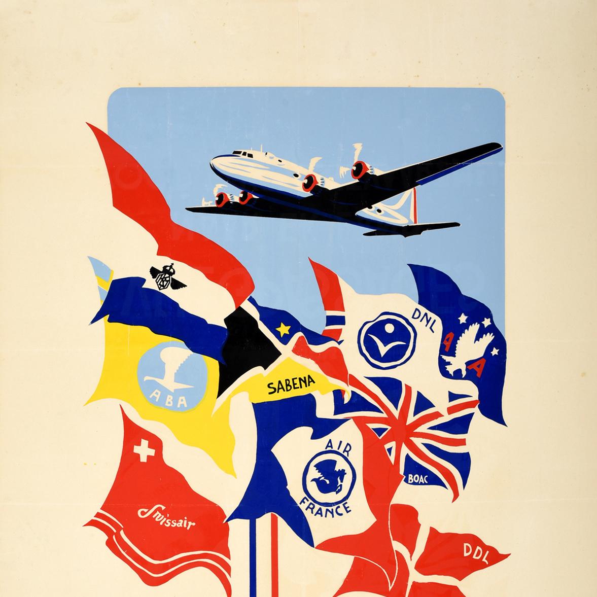 Olandese Poster pubblicitario di viaggio originale d'epoca Lissone Lindeman Viaggi aerei Aviazione in vendita