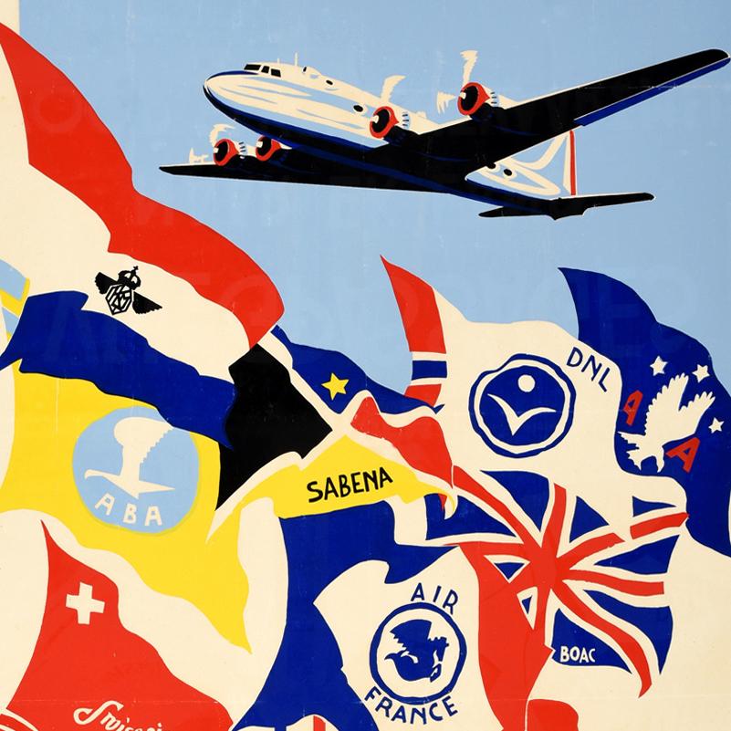 Metà XX secolo Poster pubblicitario di viaggio originale d'epoca Lissone Lindeman Viaggi aerei Aviazione in vendita