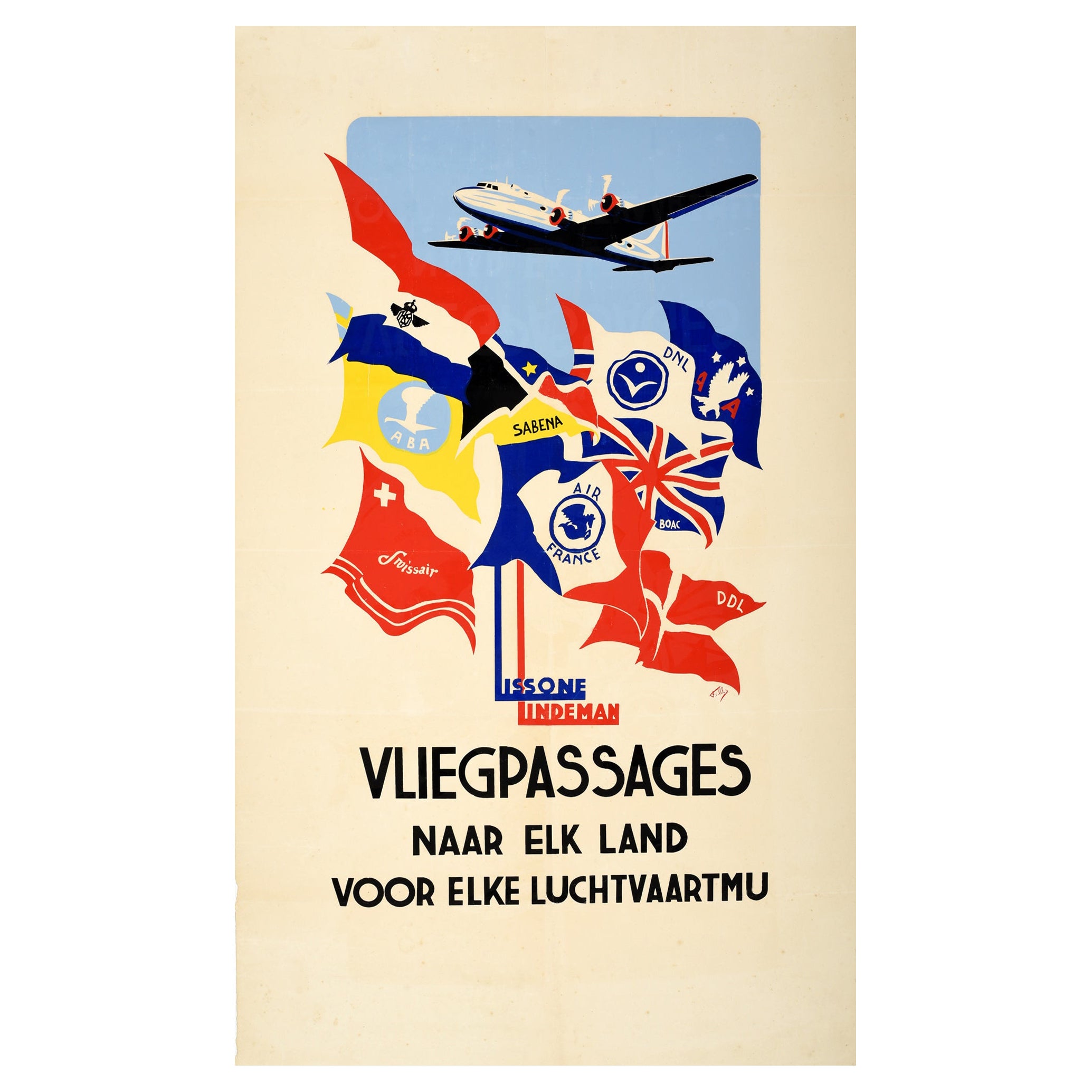 Poster pubblicitario di viaggio originale d
epoca Lissone Lindeman Viaggi aerei Aviazione