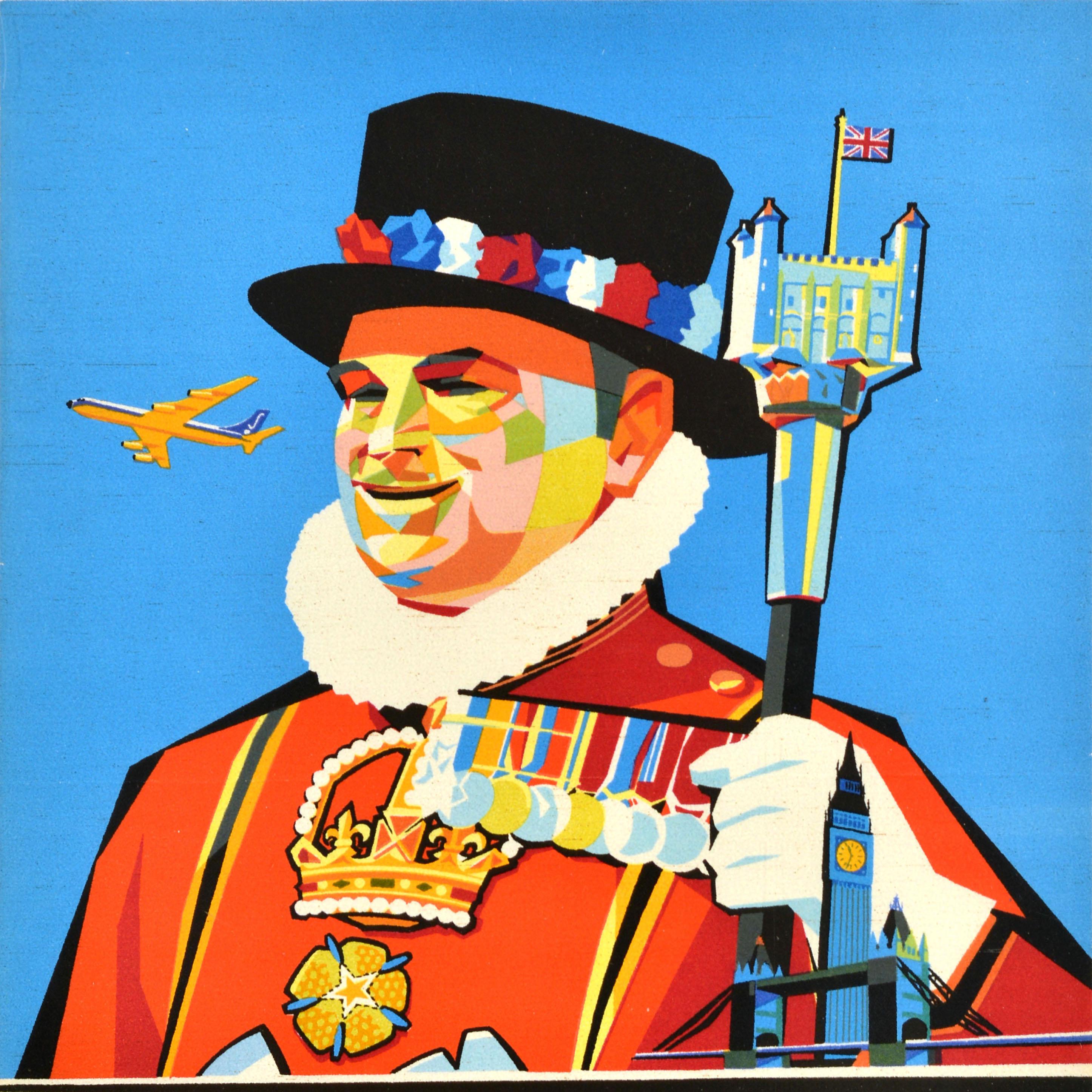 Originale manifesto pubblicitario d'epoca per Londra della Sabena / Londen per Sabena Belgian Airlines con un fantastico e colorato design di metà secolo che raffigura un Beefeater / Yeoman Warder che regge un bastone con la Torre di Londra e la