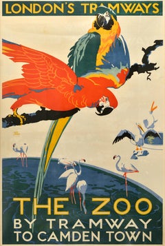 Original Vintage Travel Advertising Poster London Tramways Zoo Camden Town Macaw