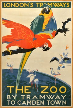 Original Vintage Travel Advertising Poster London Tramways Zoo Camden Town Macaw
