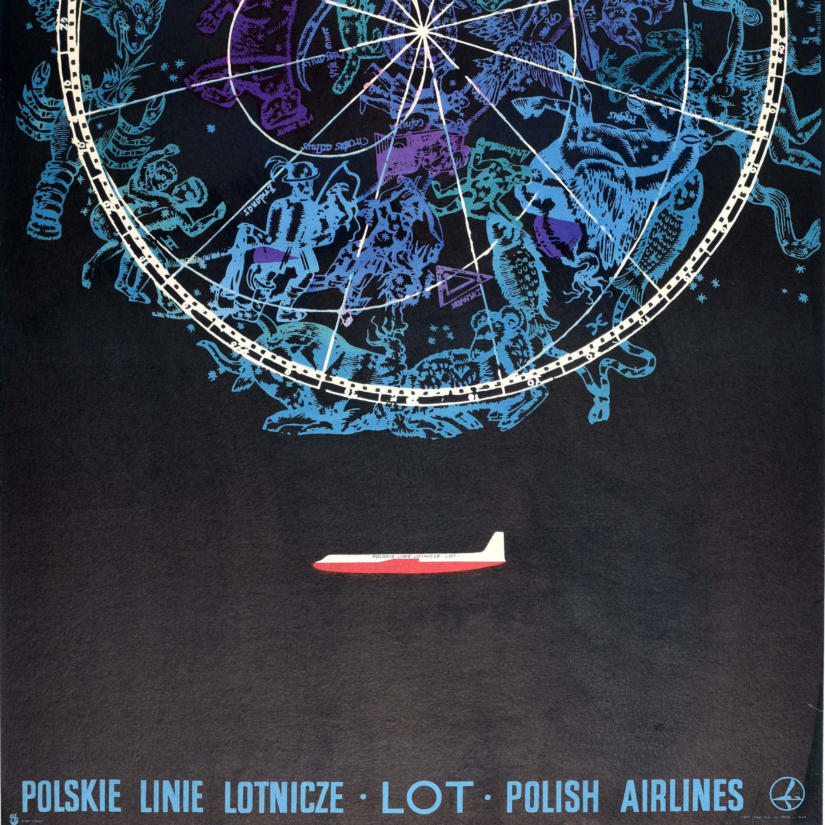 Original Vintage Travel Advertising Poster LOT Polish Airlines Astronomy Zodiac im Zustand „Gut“ im Angebot in London, GB