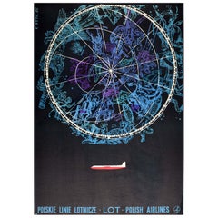Poster pubblicitario di viaggio originale d'epoca LOT Polish Airlines Astronomia Zodiac
