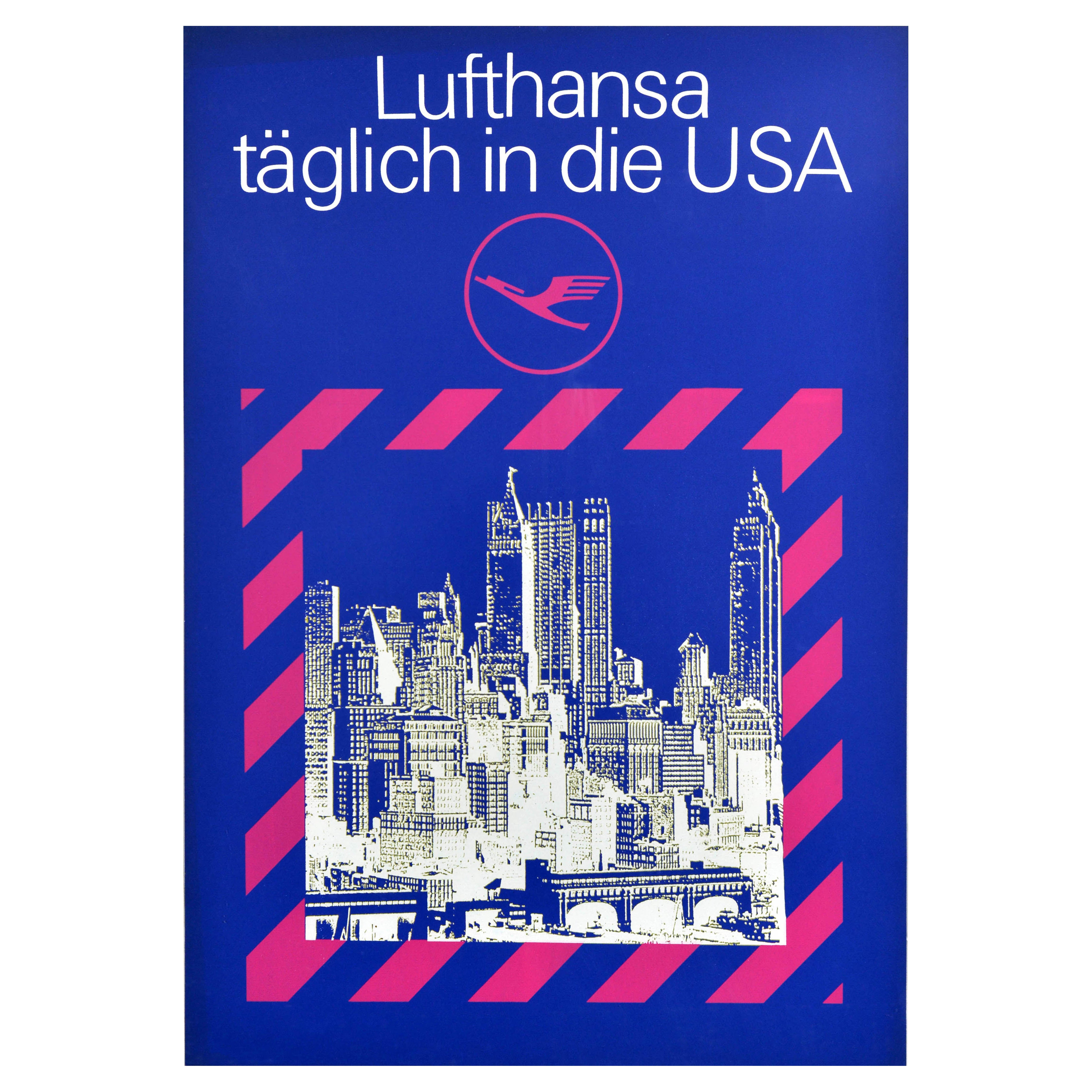 Poster pubblicitario d'epoca Lufthansa Airline USA New York