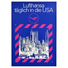 Poster pubblicitario d'epoca Lufthansa Airline USA New York