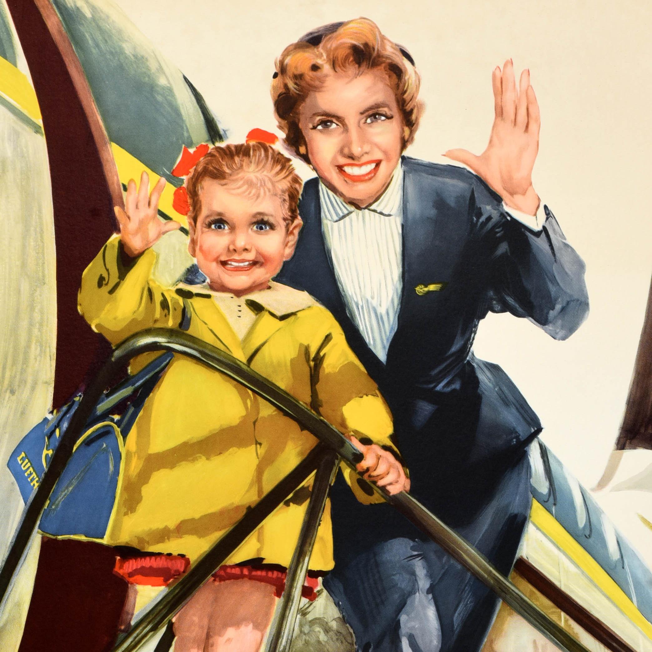 Original-Vintage-Reise-Werbeplakat Lufthansa Deutsche Airlines Stewardesss (Mitte des 20. Jahrhunderts) im Angebot