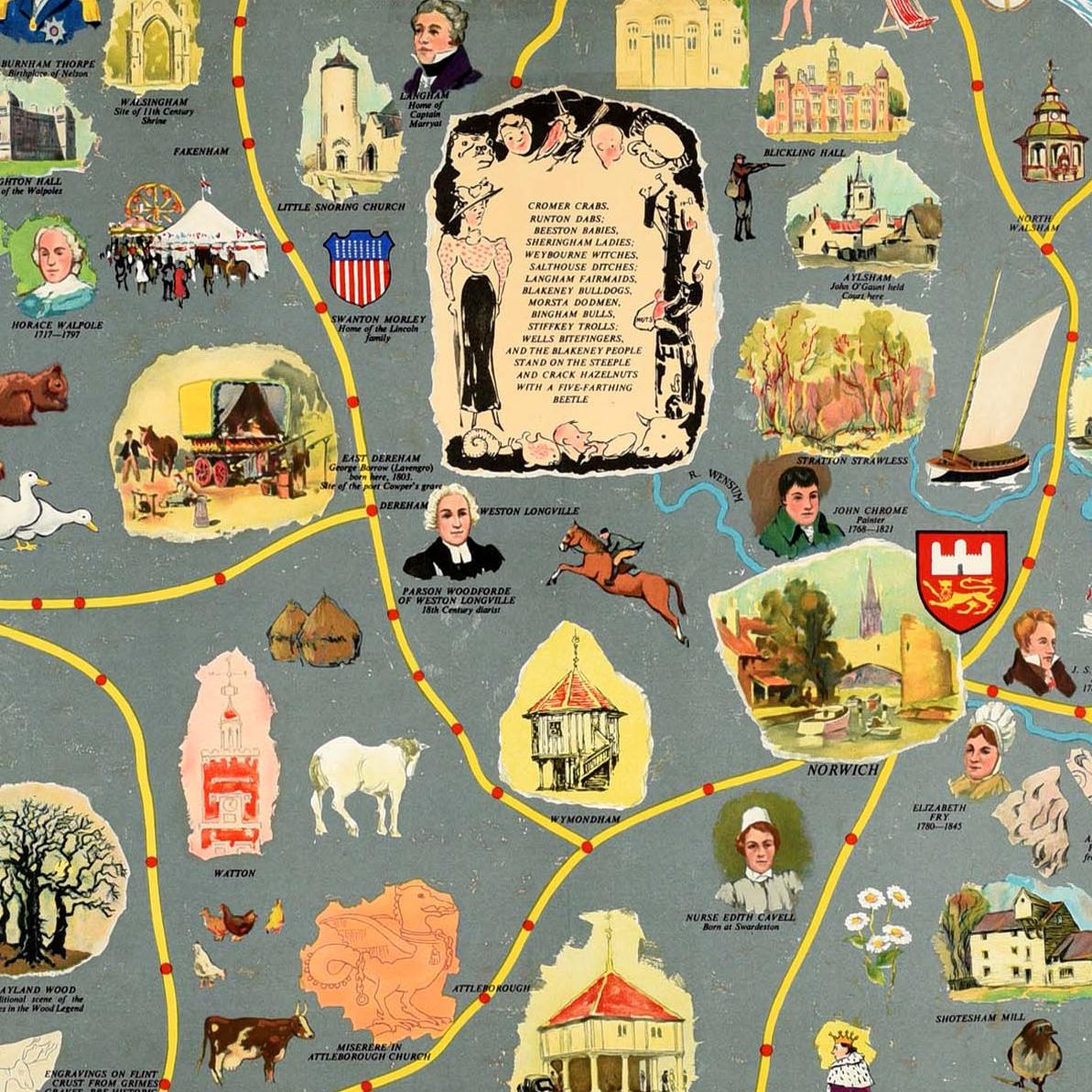 Original vintage travel advertising poster - A Map of Norfolk published by British Railways - featuring various colourful historical, sporting and cultural images with description text, including sailing boats, farm animals, ruins and notable people