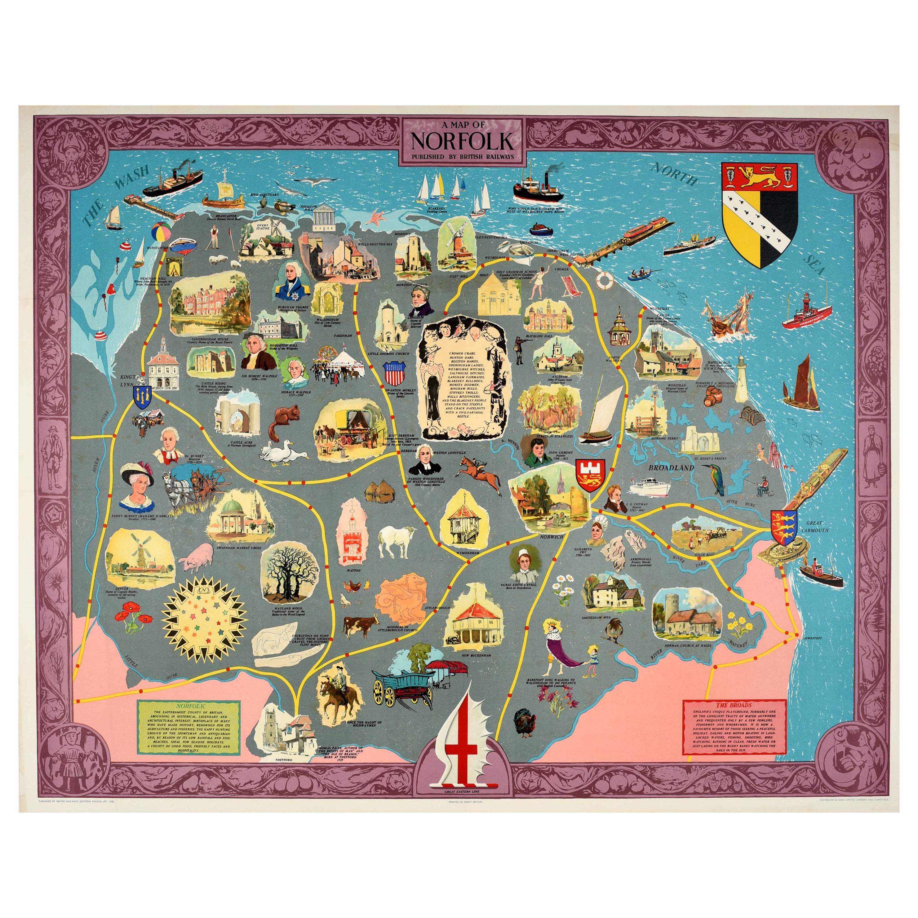 Original-Vintage-Reise-Werbeplakat „ Map Of Norfolk“, British Railways, UK