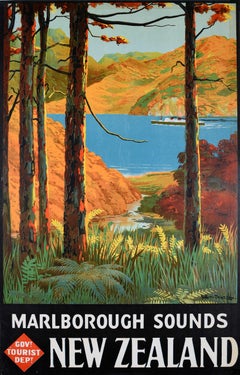 Original Vintage Travel Advertising Poster Marlborough Sounds New Zealand