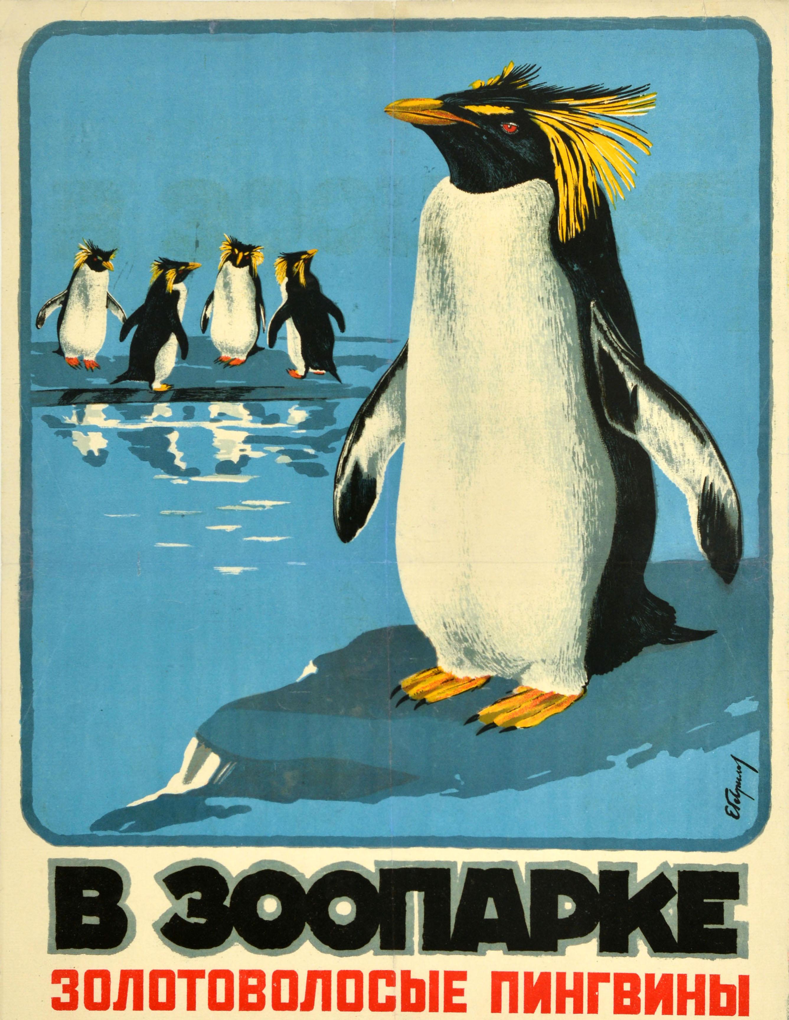 Poster pubblicitario di viaggio originale d'epoca per lo zoo di Mosca con una grande illustrazione di pinguini maccheroni a cresta gialla riflessi sull'acqua su uno sfondo blu, uno in piedi in primo piano e altri quattro in lontananza, con il testo