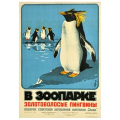 Original Vintage Travel Advertising Poster Moscow Zoo Macaroni Penguins USSR