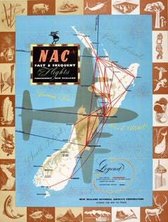 Original Vintage Travel Advertising Poster NAC New Zealand Airways Airline Map