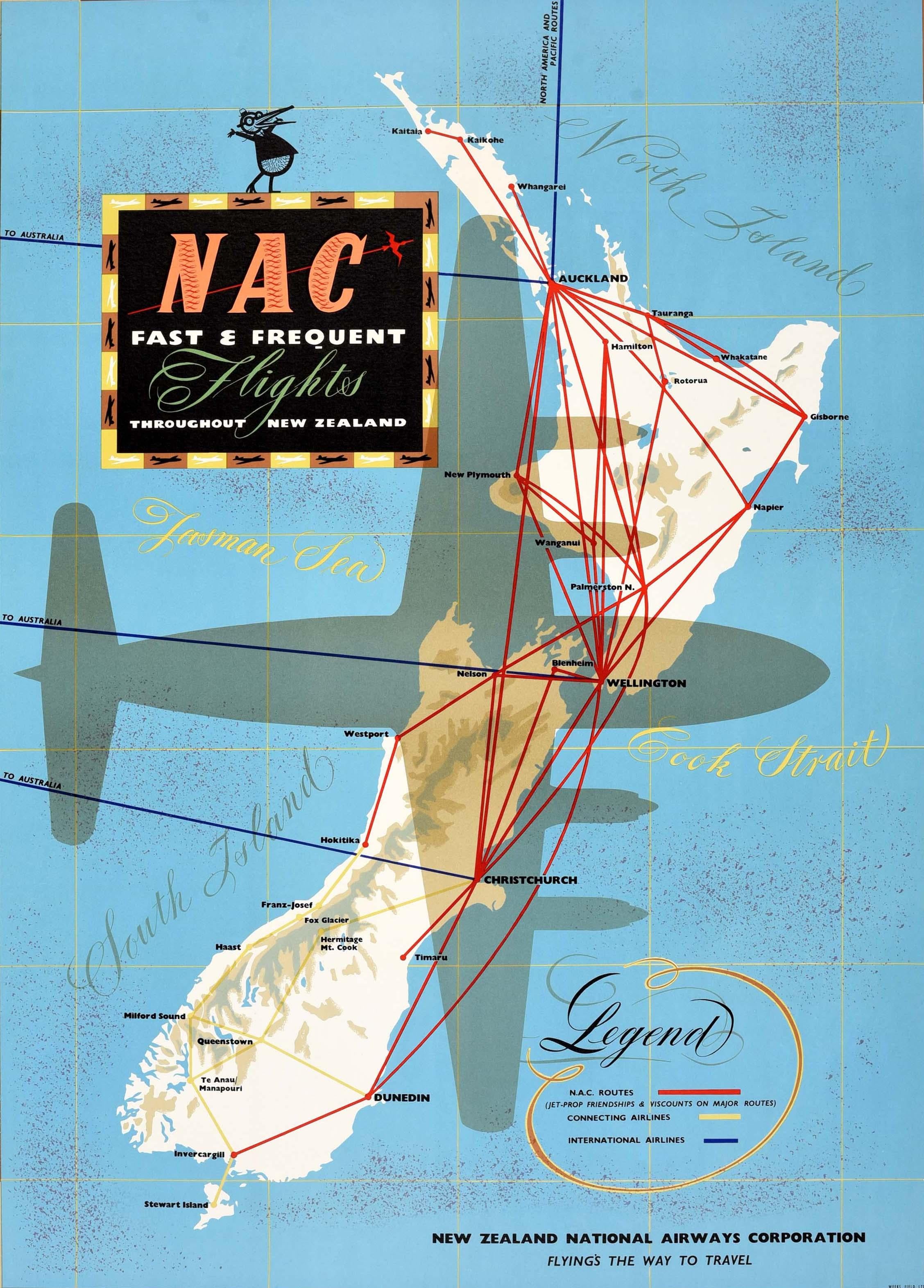 Original Vintage Travel Advertising Poster NAC New Zealand Airways Airline Map In Good Condition For Sale In London, GB