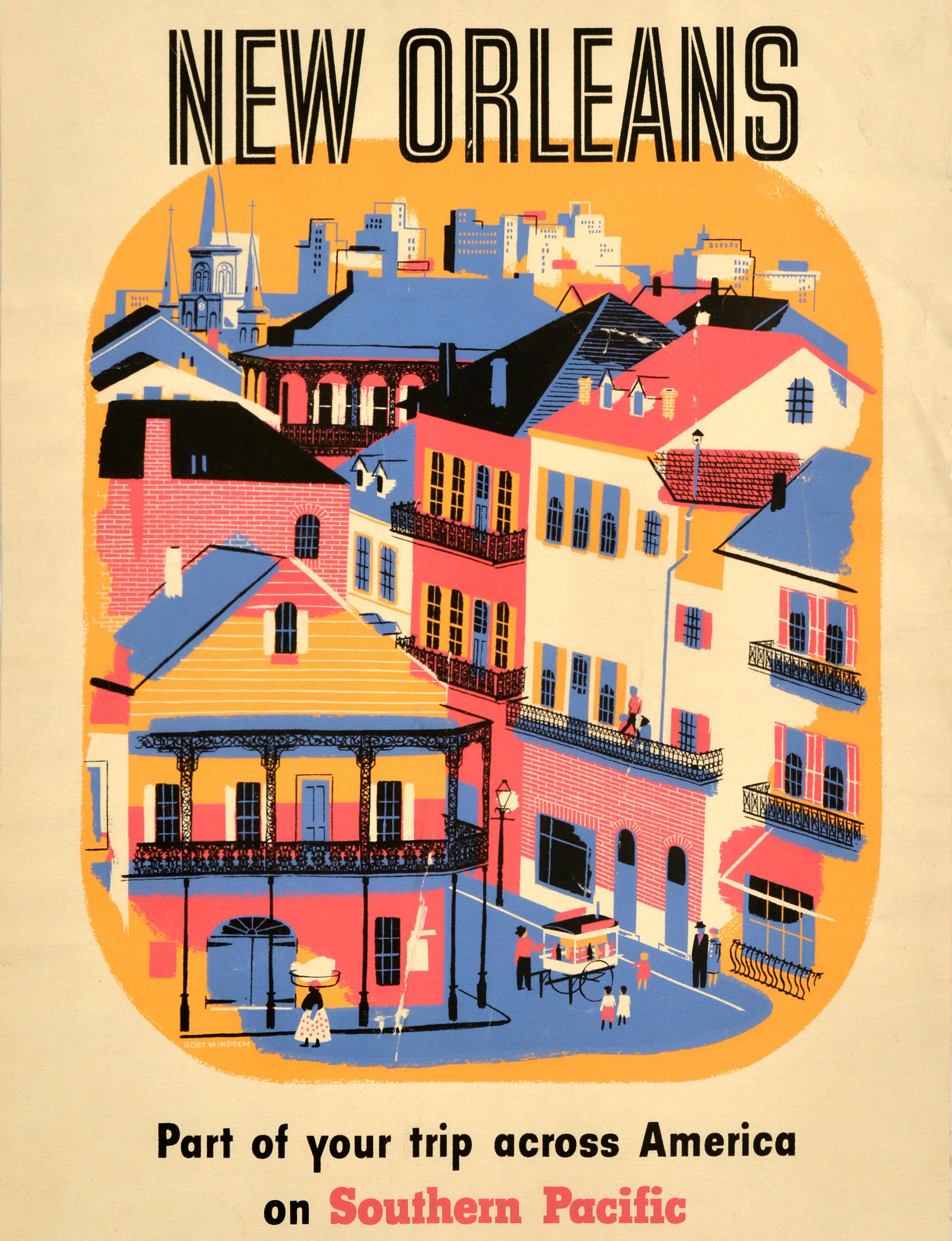 Poster pubblicitario d'epoca originale - New Orleans Part of your trip across America on Southern Pacific Railroad - con un disegno colorato che raffigura una vista panoramica dello storico Quartiere Francese di New Orleans con persone e un