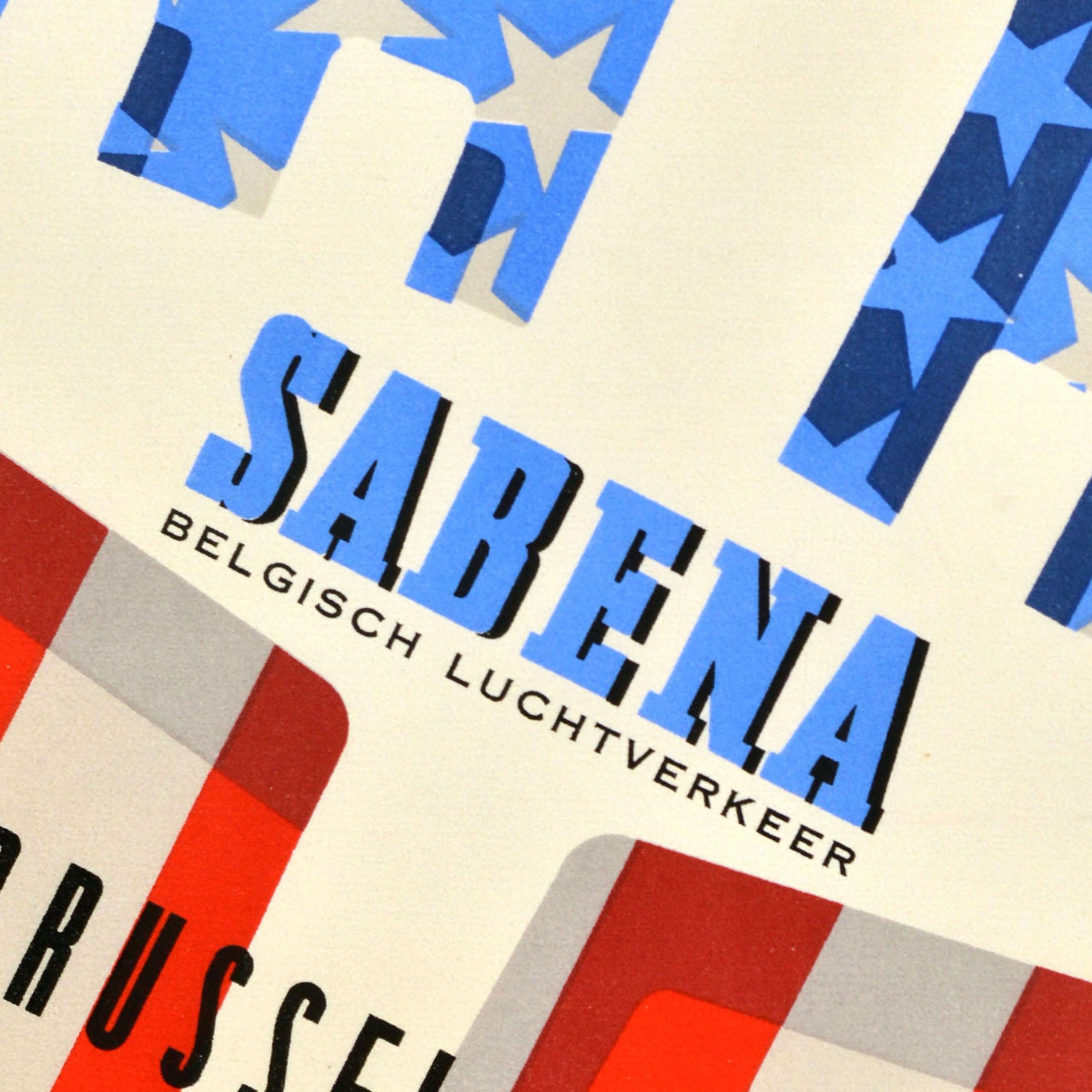 Metà XX secolo Poster pubblicitario d'epoca originale New York Sabena Belgian Airlines USA in vendita