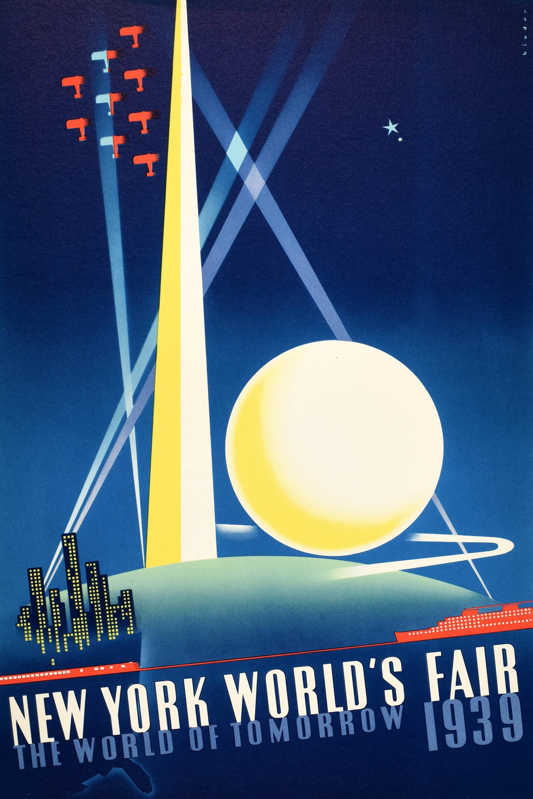 Original vintage travel advertising poster for the World Fair event held in New York at Flushing Meadows-Corona Park from 30 April 1939 to 31 October 1940. Great Art Deco design by Joseph Binder (1898-1972) depicting the Trylon and Perisphere