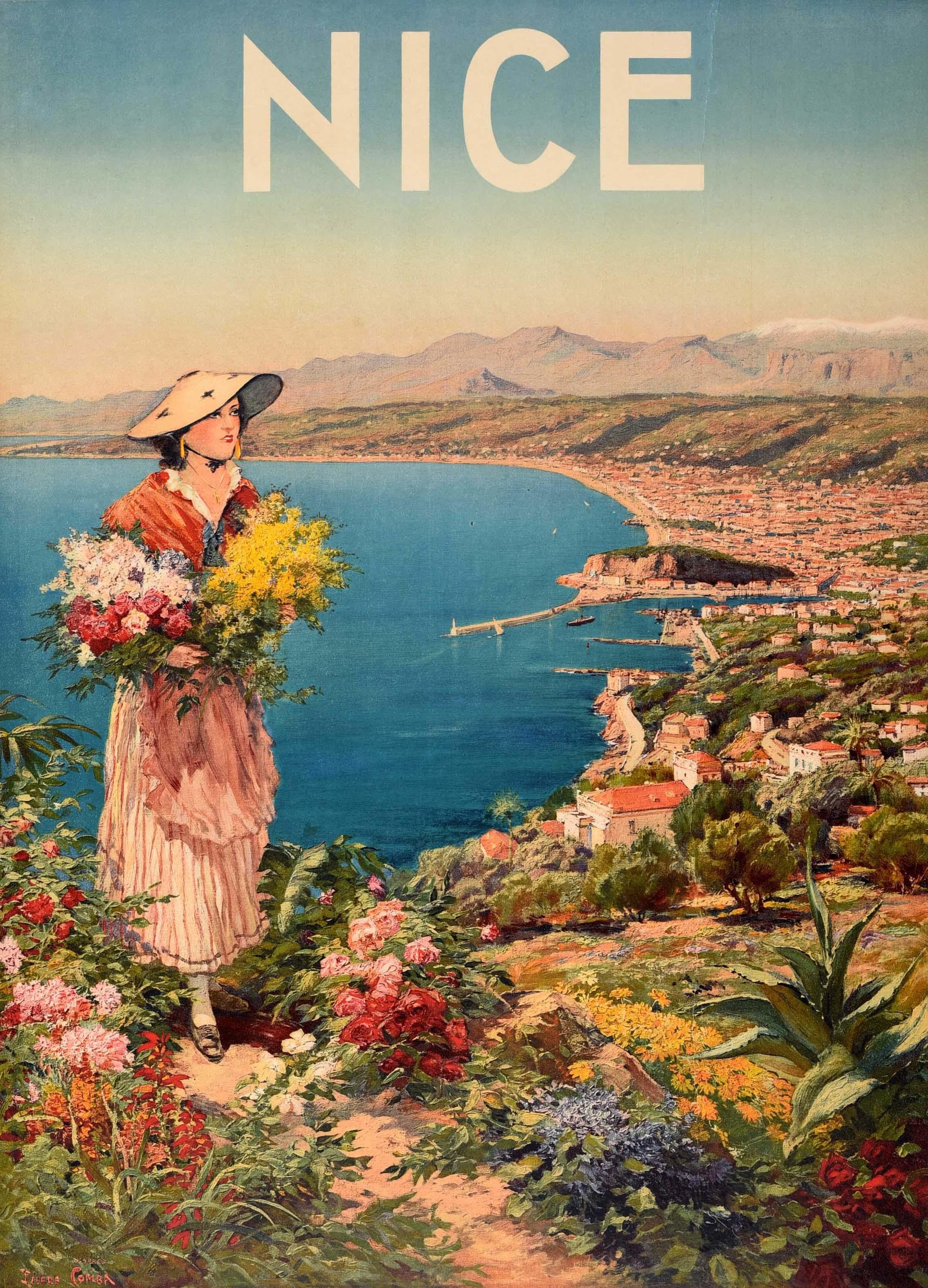 Original vintage travel advertising poster for the Convention du Rotary International Nice et Cote d'Azur / Nice International Rotary Convention on 6-11 June 1937 featuring scenic artwork by Pierre Comba (1859-1934) depicting a young lady wearing a