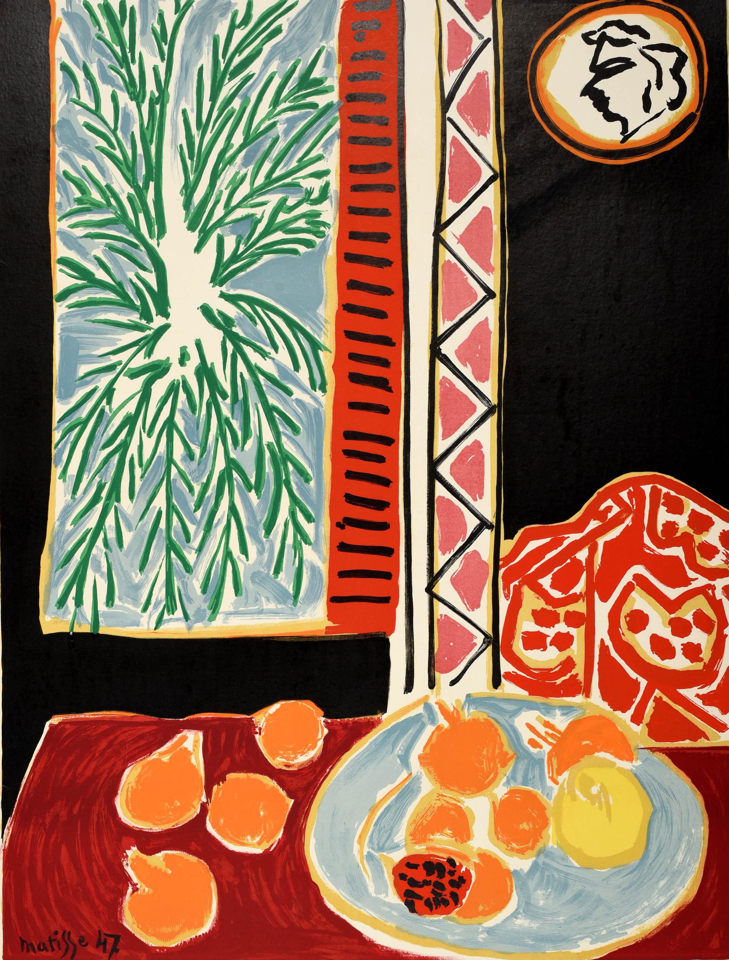 Original vintage travel advertising poster - Nice Travail et Joie / Work and Happiness H. Matisse - featuring colourful artwork by the renowned French artist Henri Matisse (1869-1954) depicting fruit on a plate and red table in front of a window