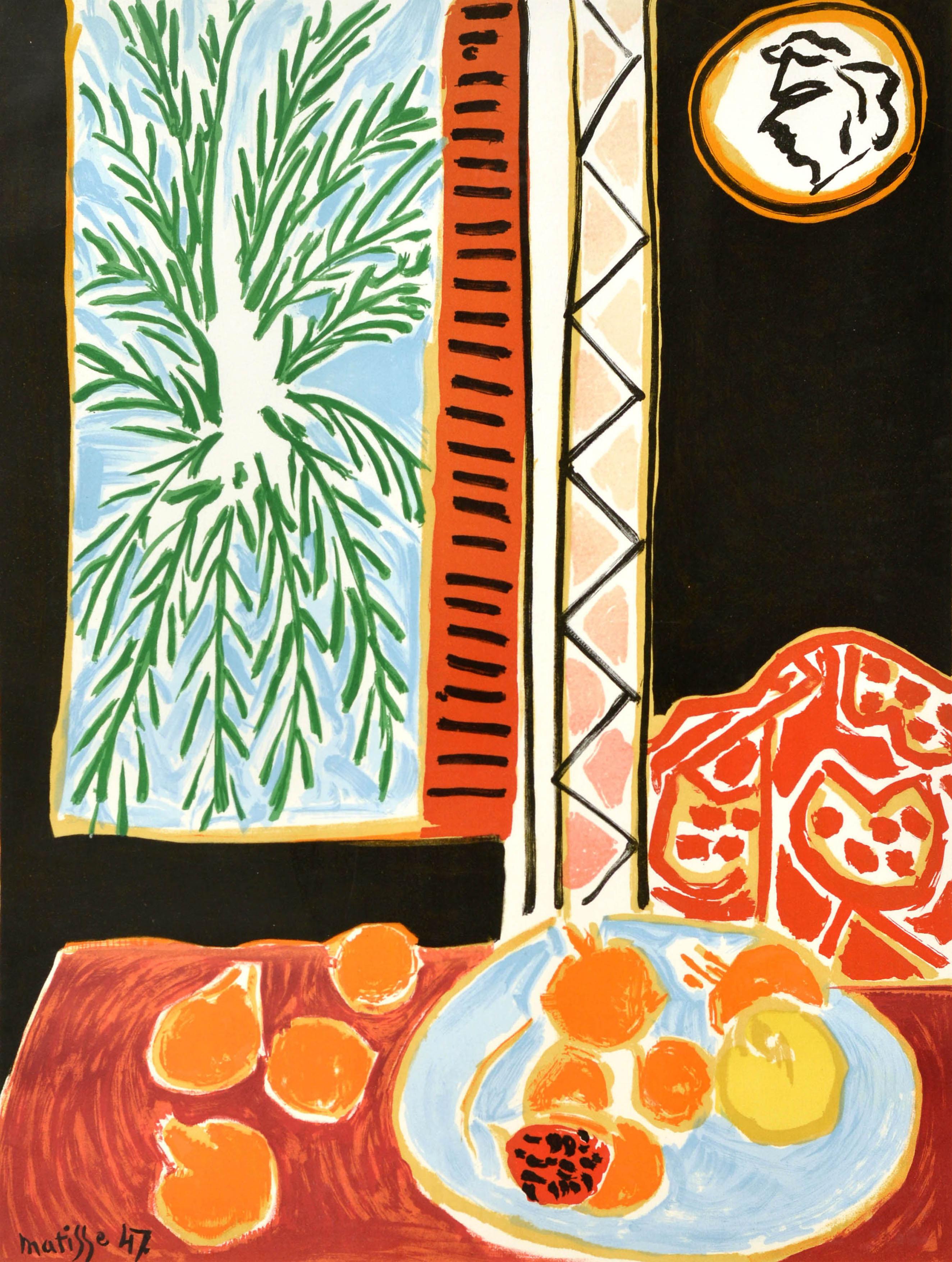 Poster pubblicitario di viaggio originale d'epoca - Nice Travail et Joie / Work and Happiness H. Matisse - con una colorata opera d'arte del famoso artista francese Henri Matisse (1869-1954) che raffigura della frutta su un piatto e un tavolo rosso