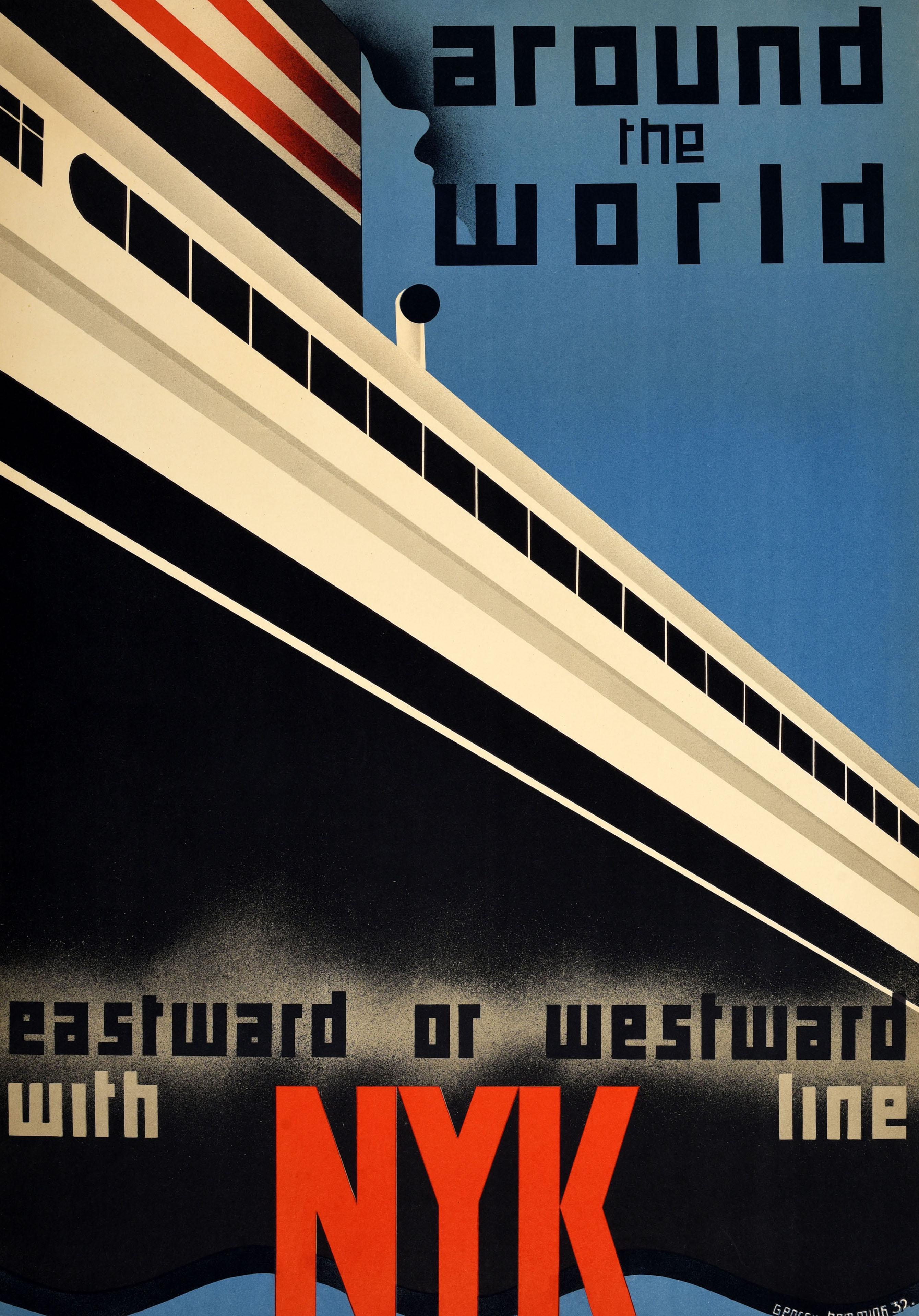 Original vintage travel advertising poster - Around the World Eastward or Westward with NYK Line - featuring a stunning streamlined Art Deco design by the Swedish artist Gosta Georgii Hemming (1910-1986) depicting a steamship sailing at speed