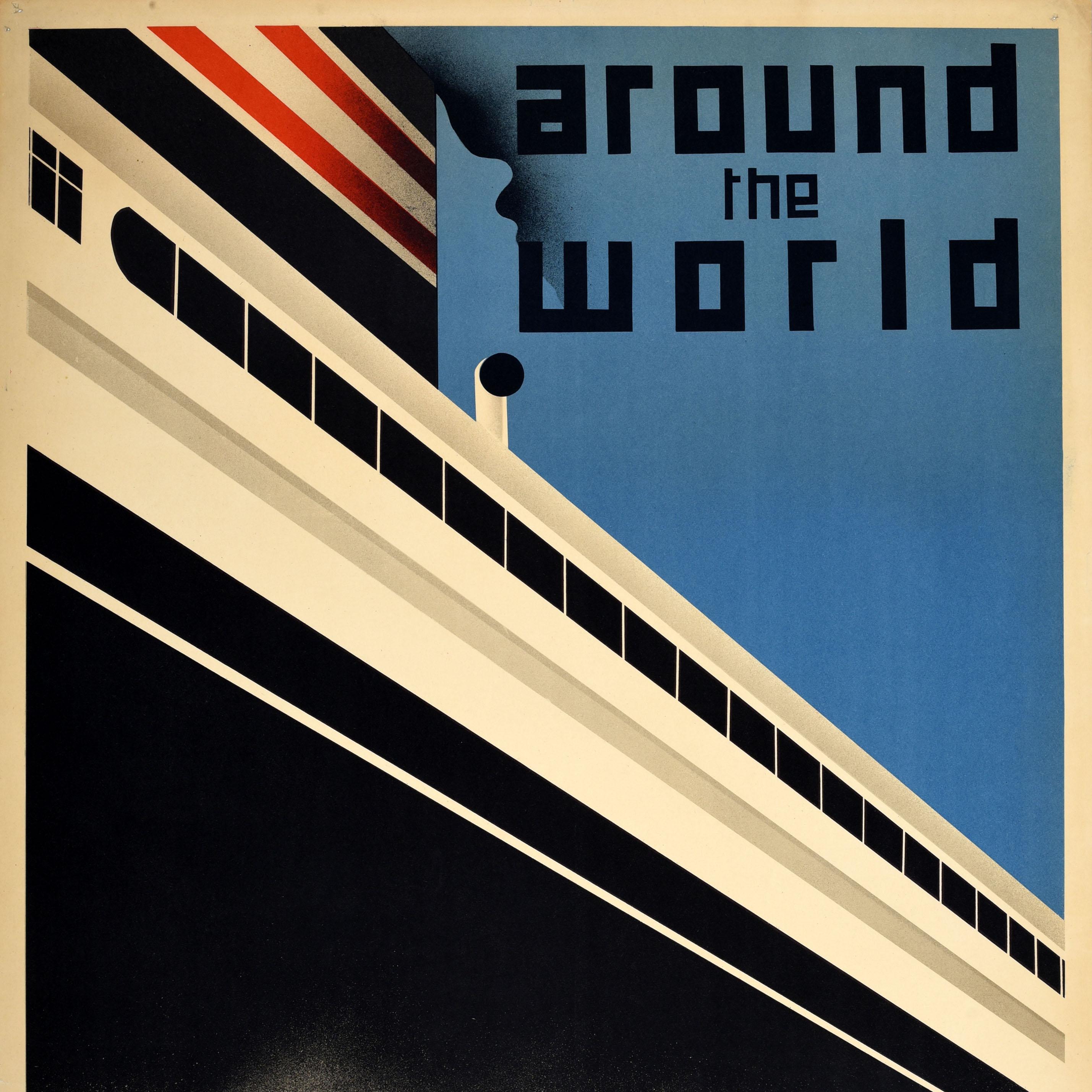 Japanese Original Vintage Travel Advertising Poster NYK Line Around The World Art Deco For Sale