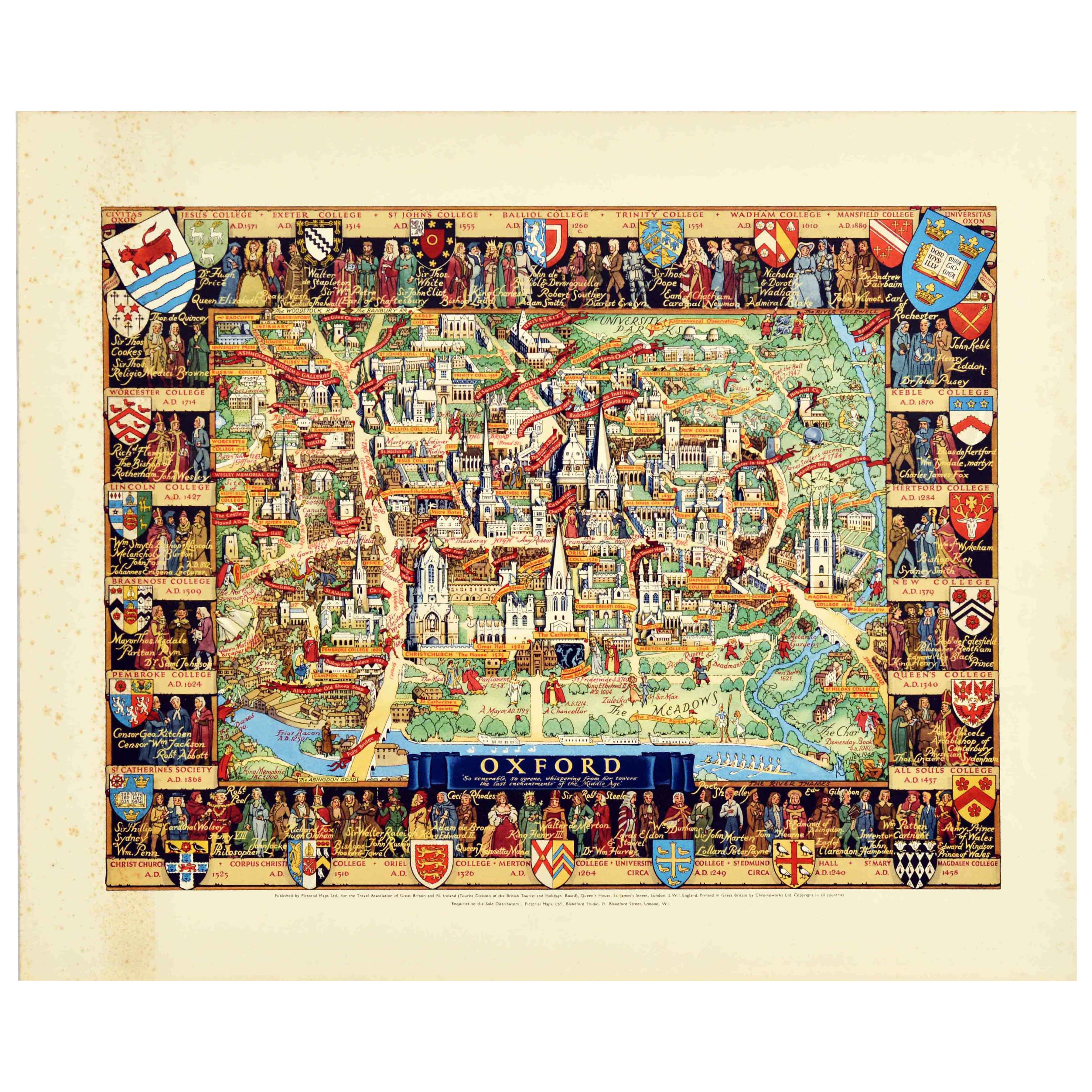 Poster pubblicitario di viaggio originale d'epoca Mappa pittorica di Oxford Kerry Lee UK