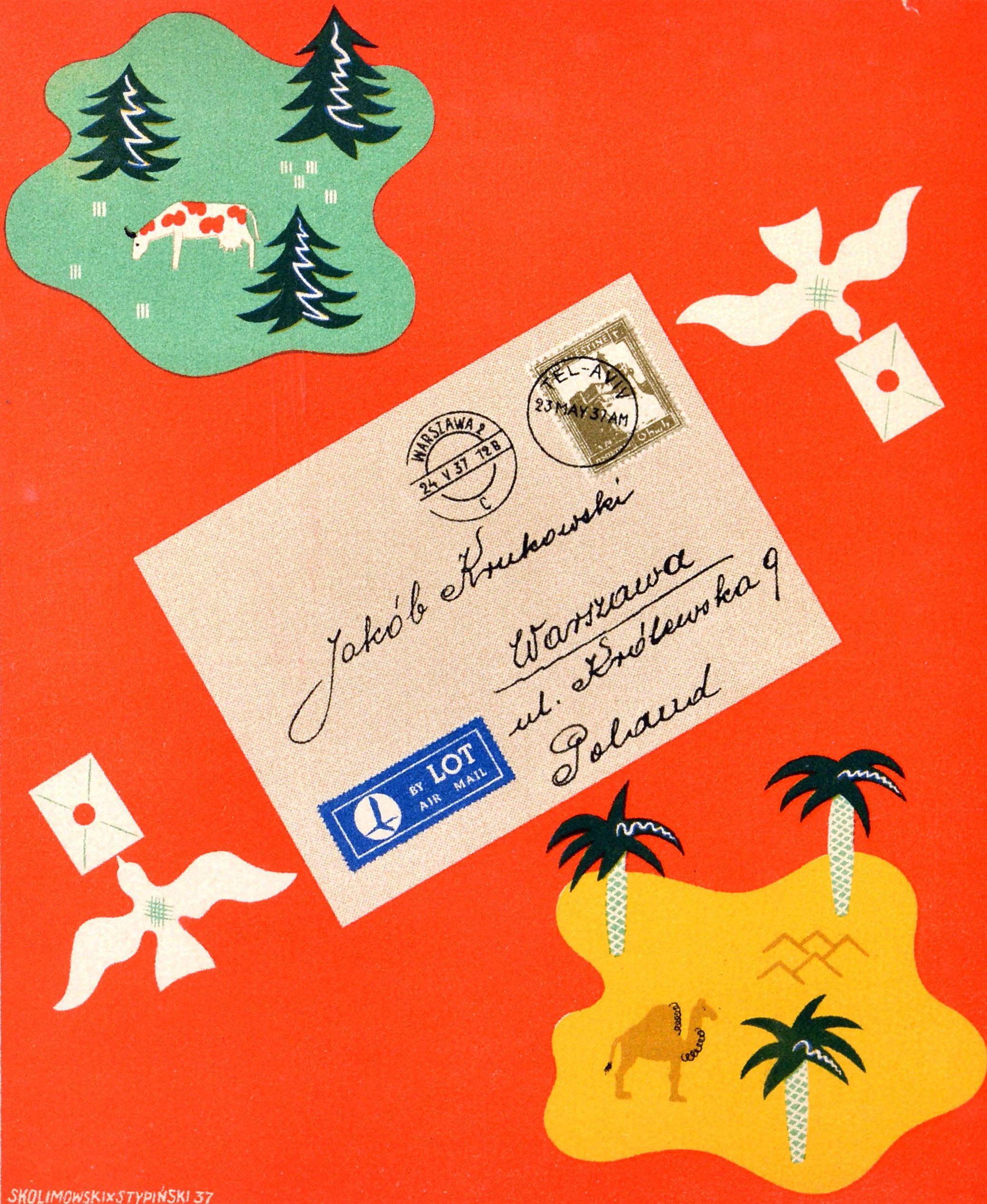 Original-Vintage-Reise-Werbeplakat Palästina Polen LOT Airlines Airmail (Art déco) im Angebot