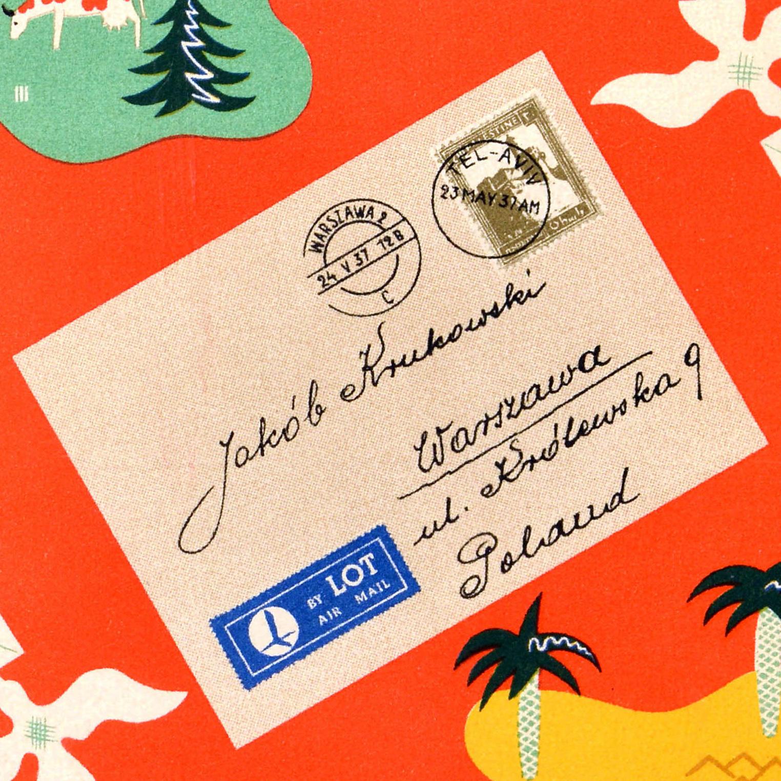 Original-Vintage-Reise-Werbeplakat Palästina Polen LOT Airlines Airmail im Zustand „Gut“ im Angebot in London, GB