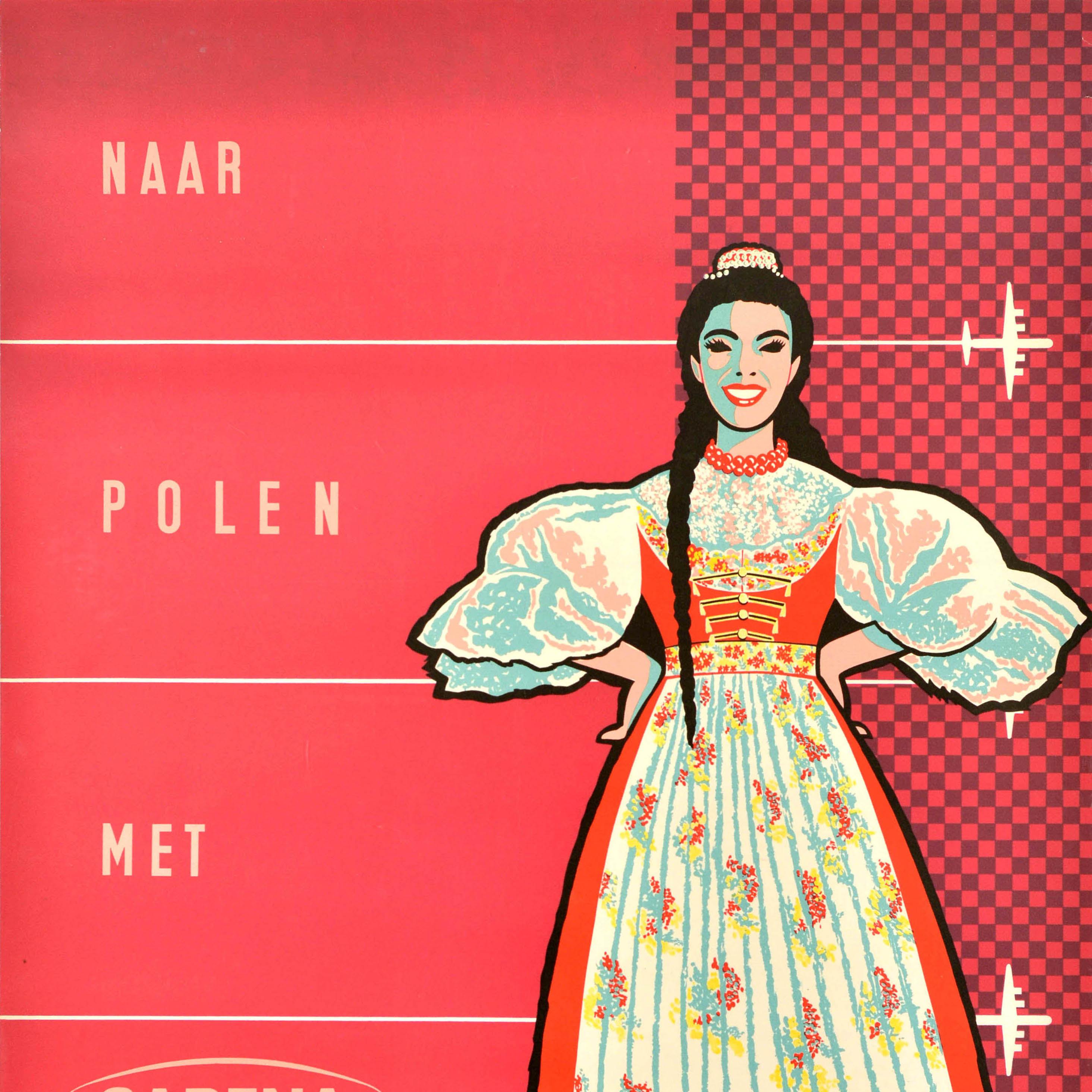Original vintage travel advertising poster - Naar Polen met Sabena / To Poland by Sabena (the national airline of Belgium from 1923-2001), featuring a mid-century design showing a smiling lady in a traditional Polish dress set on a pink red