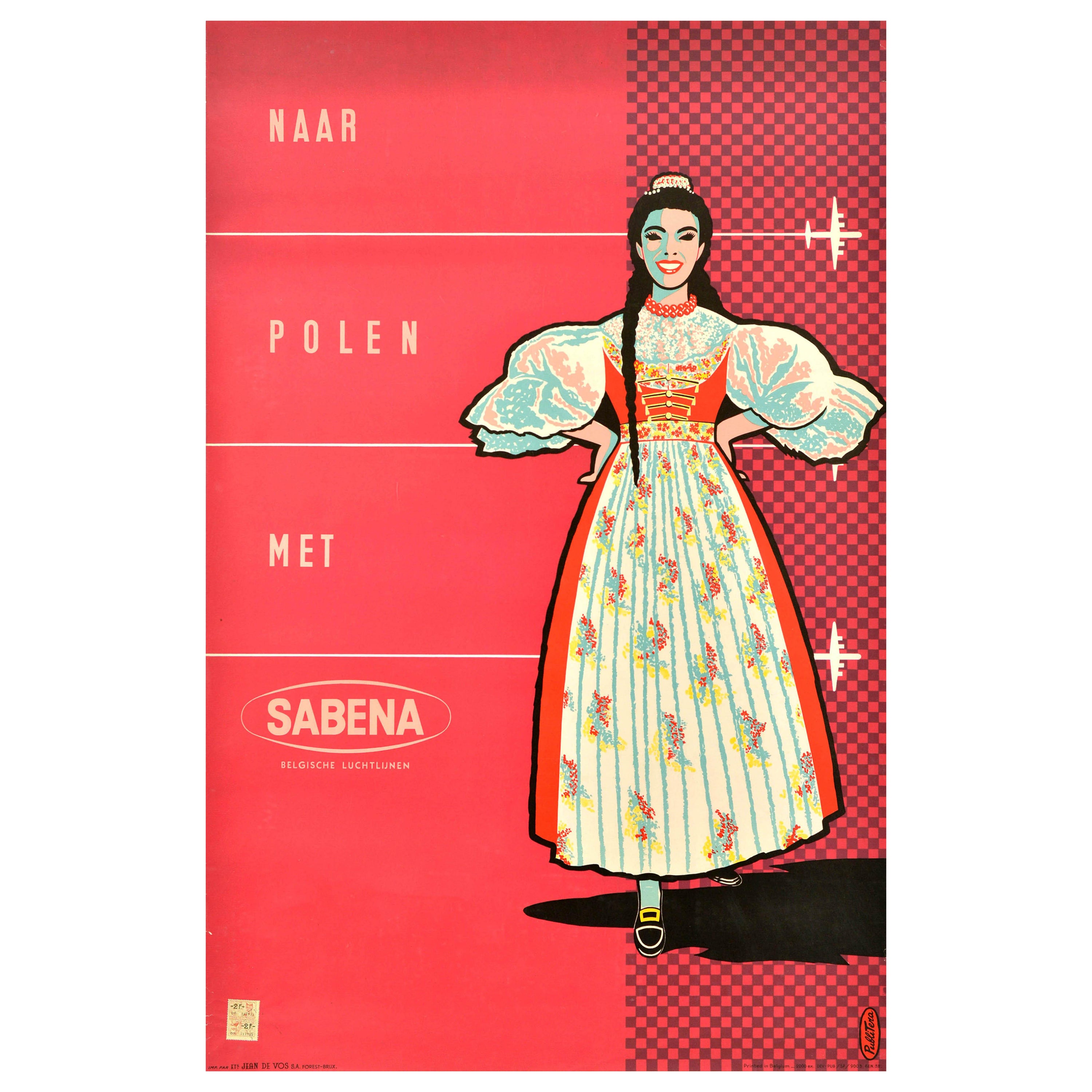 Original-Vintage-Reise-Werbeplakat, Polen, Sabena, belgische Airlines, Polen