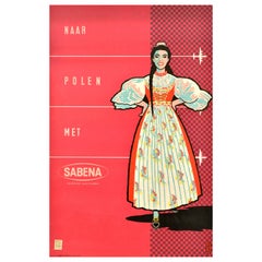Original Vintage Travel Advertising Poster Poland Sabena Belgian Airlines Polen