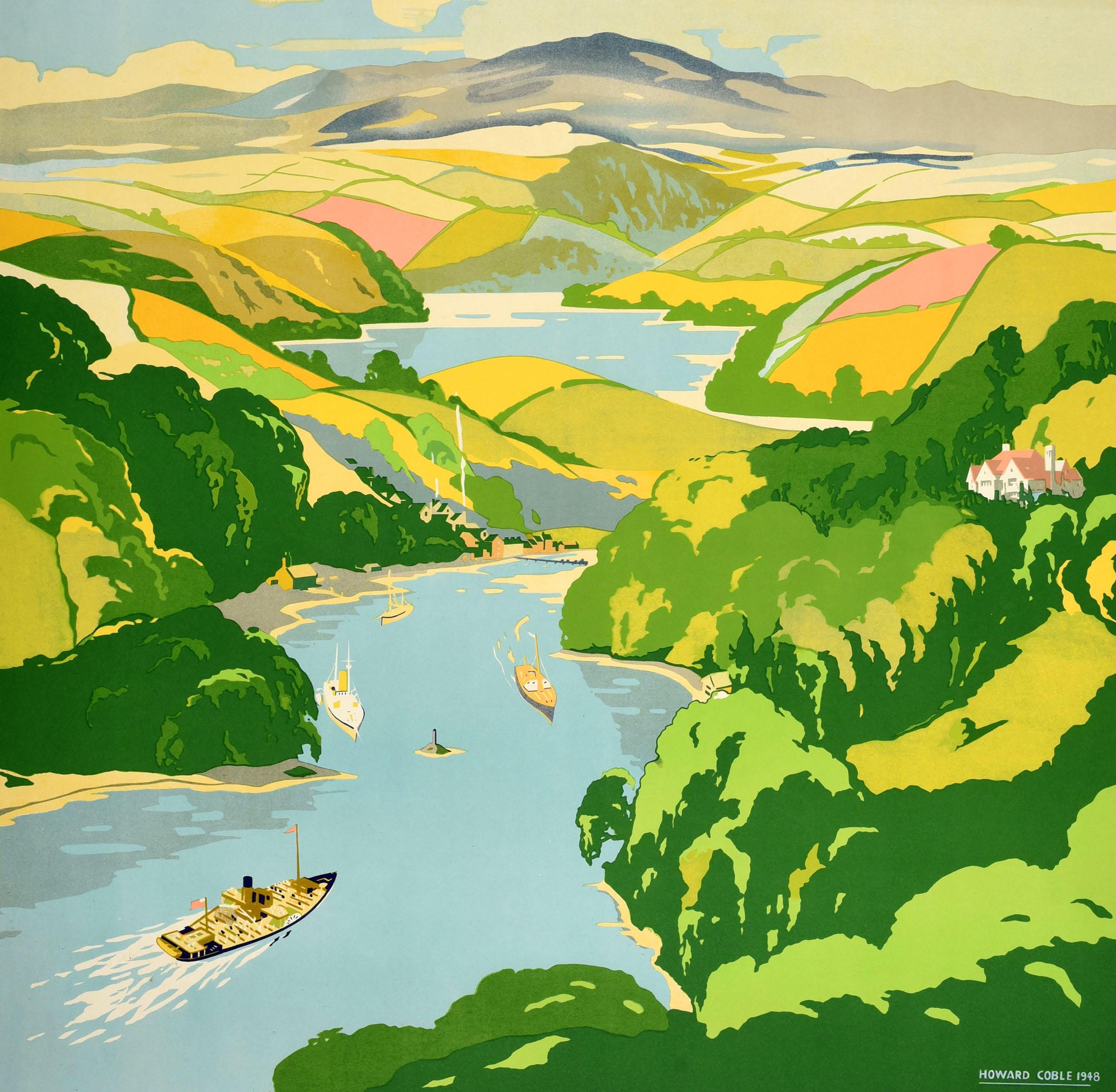 Original vintage travel advertising poster - River Dart Trip covering the whole navigable River Dart River Dart Steamboat Co Ltd for combined road rail & river tours enquire at this station - featuring a scenic view of boats and paddle steamers