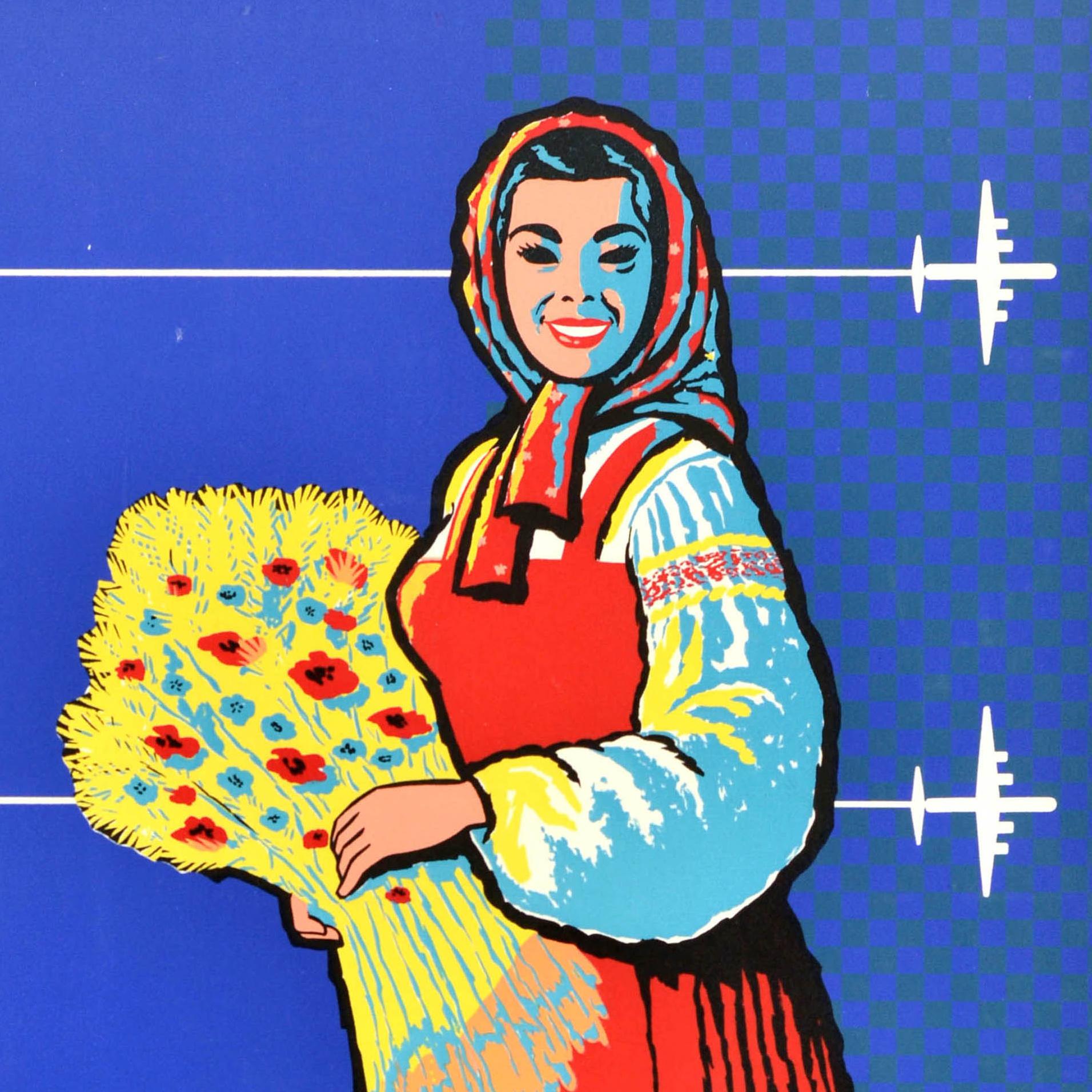 Original vintage travel advertising poster - Naar Rusland met Sabena / To Russia with Sabena (the national airline of Belgium from 1923-2001) featuring a mid-century design showing a smiling lady in traditional Russian clothing and headscarf holding