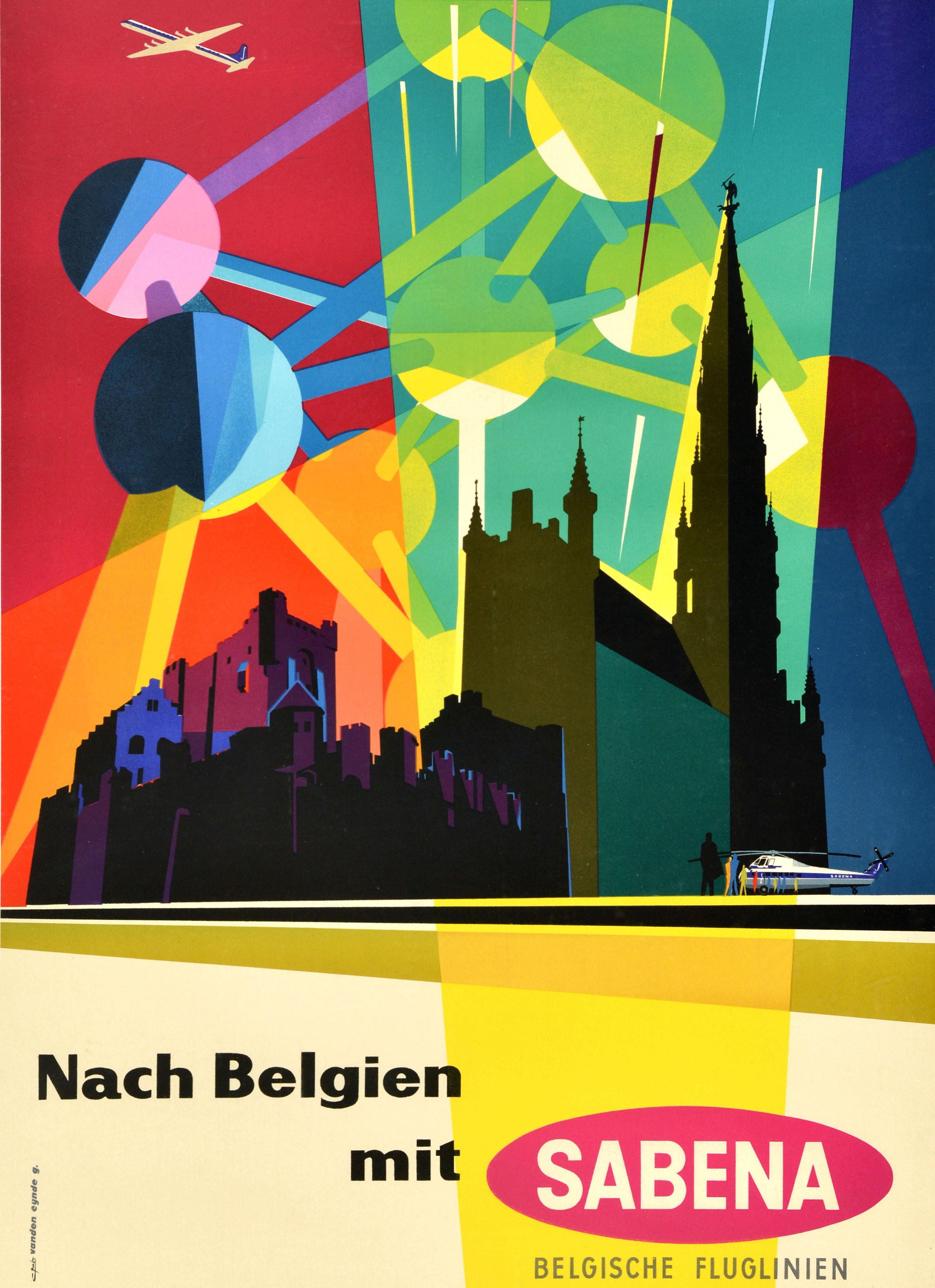 Original vintage travel advertising poster - Nach Belgien mit Sabena Belgische Fluglinien / Belgium by Sabena Belgian Airlines - featuring a fantastic mid-century design depicting an image of passengers in front of a helicopter and a plane flying
