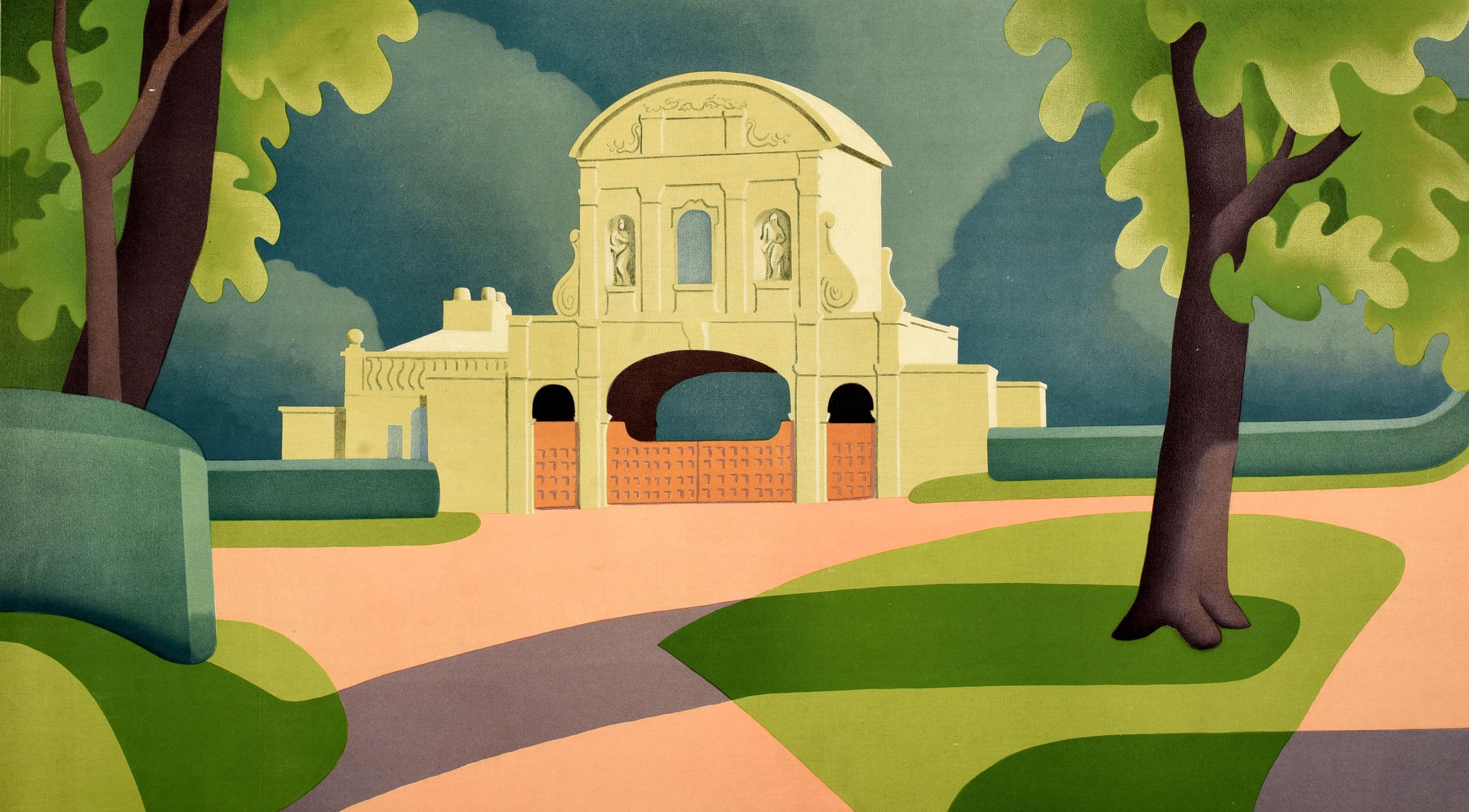 Affiche publicitaire originale de voyage éditée par Shell - To Visit Britain's Landmarks You Can Be Sure Of Shell - représentant une vue de la porte historique de Temple Bar par le peintre anglais Edward Scroggie (1906-1944) entourée d'arbres verts
