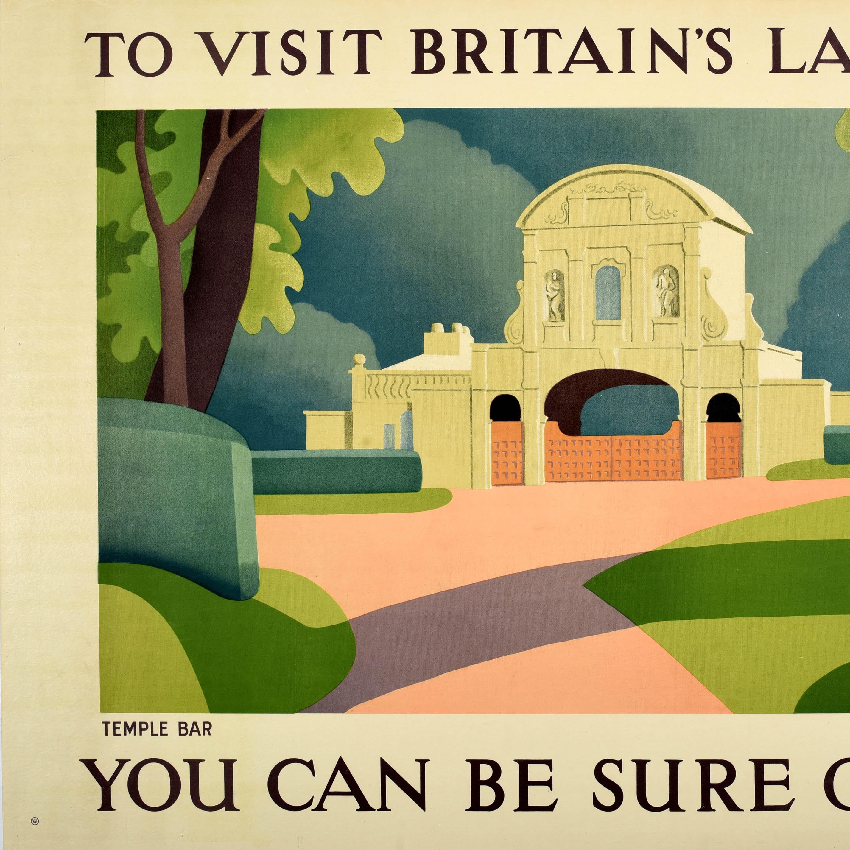 Britannique Affiche publicitaire vintage originale de voyage Shell British Landmarks London Temple en vente