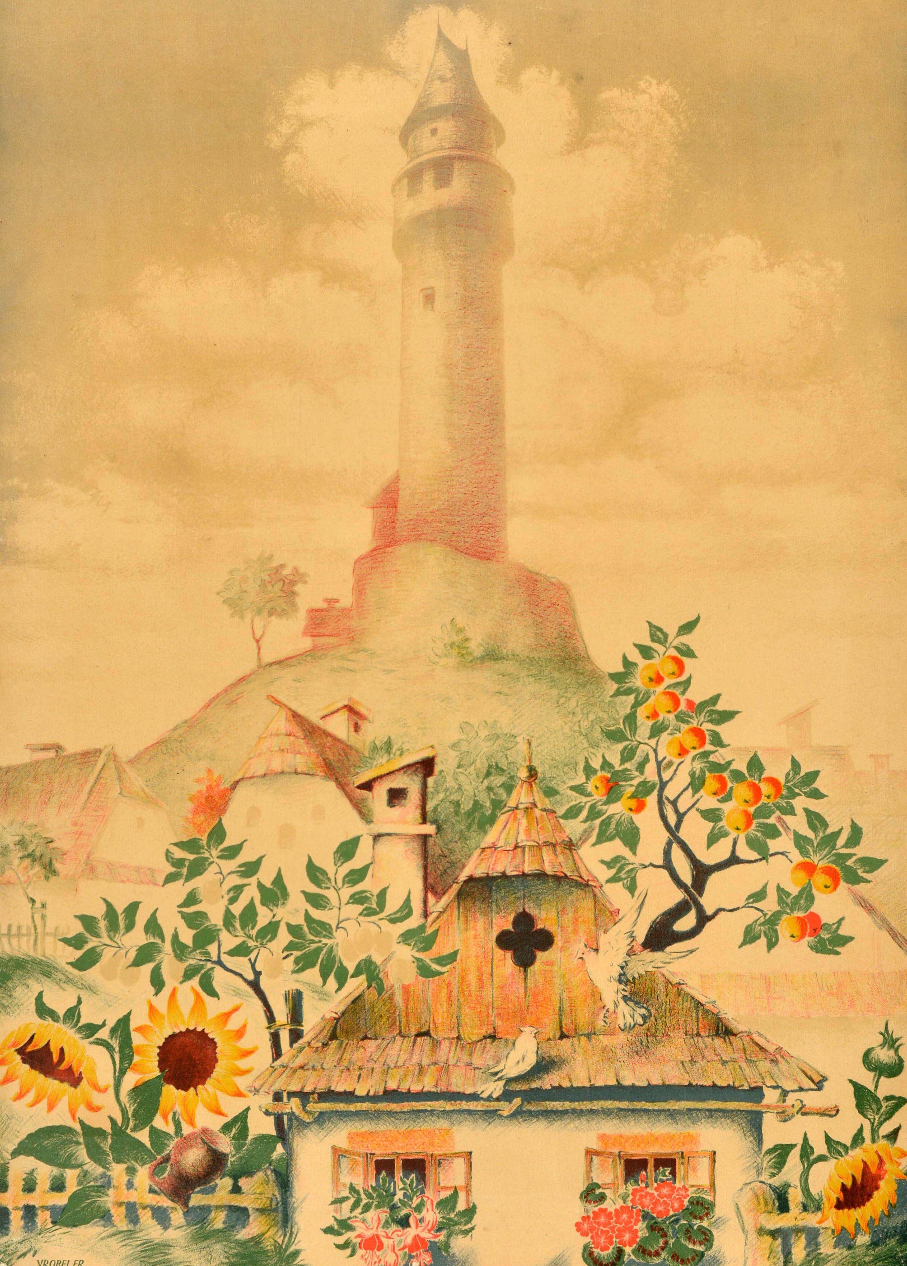 Original vintage train travel advertising poster for Stramberk Chemins de Fer de l'Etat Tchccoslovaque / Czechoslovak State Railways featuring a scenic illustration of a quaint village house with flowers on the window sills, sunflowers in the garden