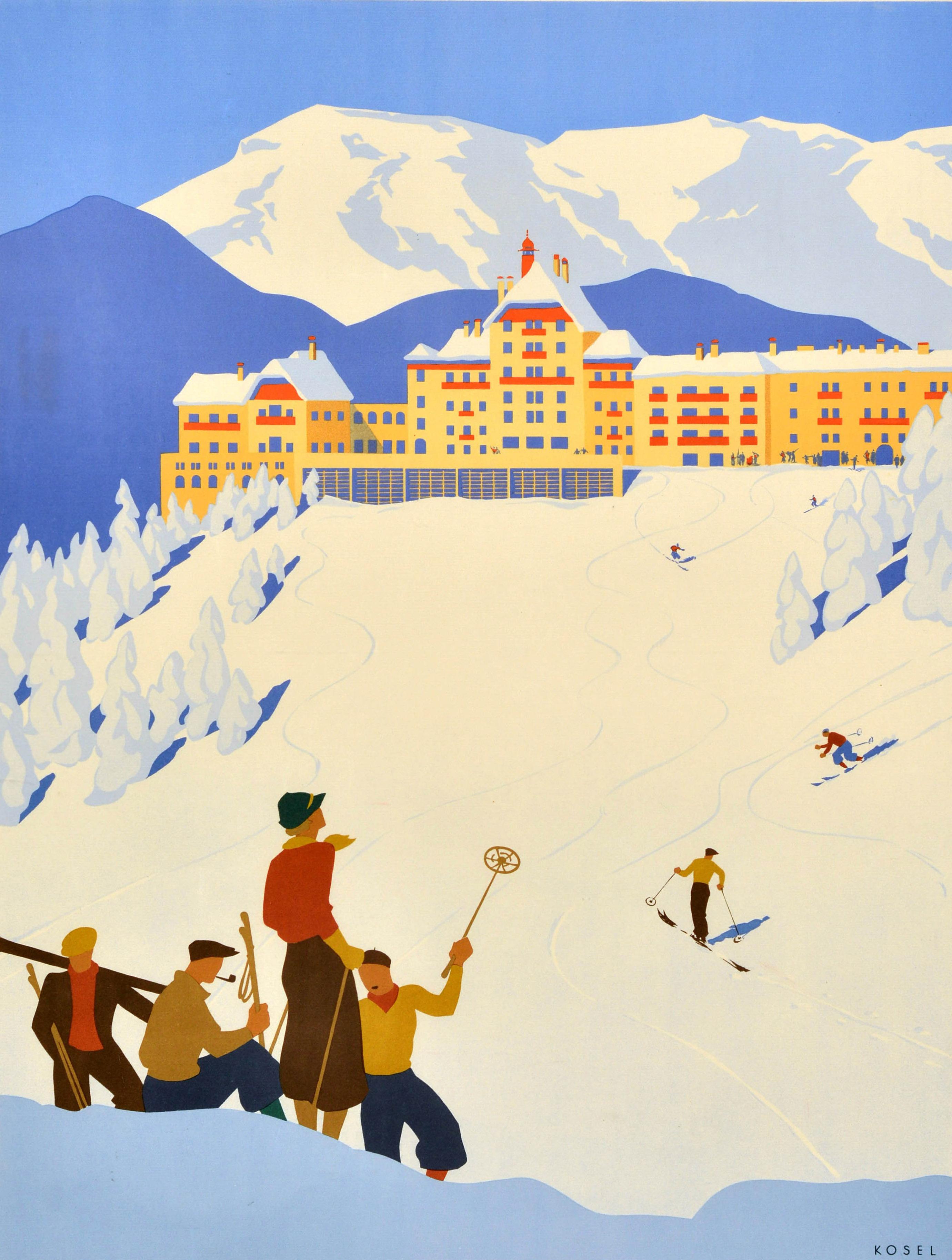 Affiche publicitaire originale pour le Sudbahnhotel de Semmering, de style Art Déco, représentant des skieurs dévalant les pistes devant l'imposant grand hôtel, avec des montagnes enneigées à l'horizon et des arbres sur les côtés. Un groupe de