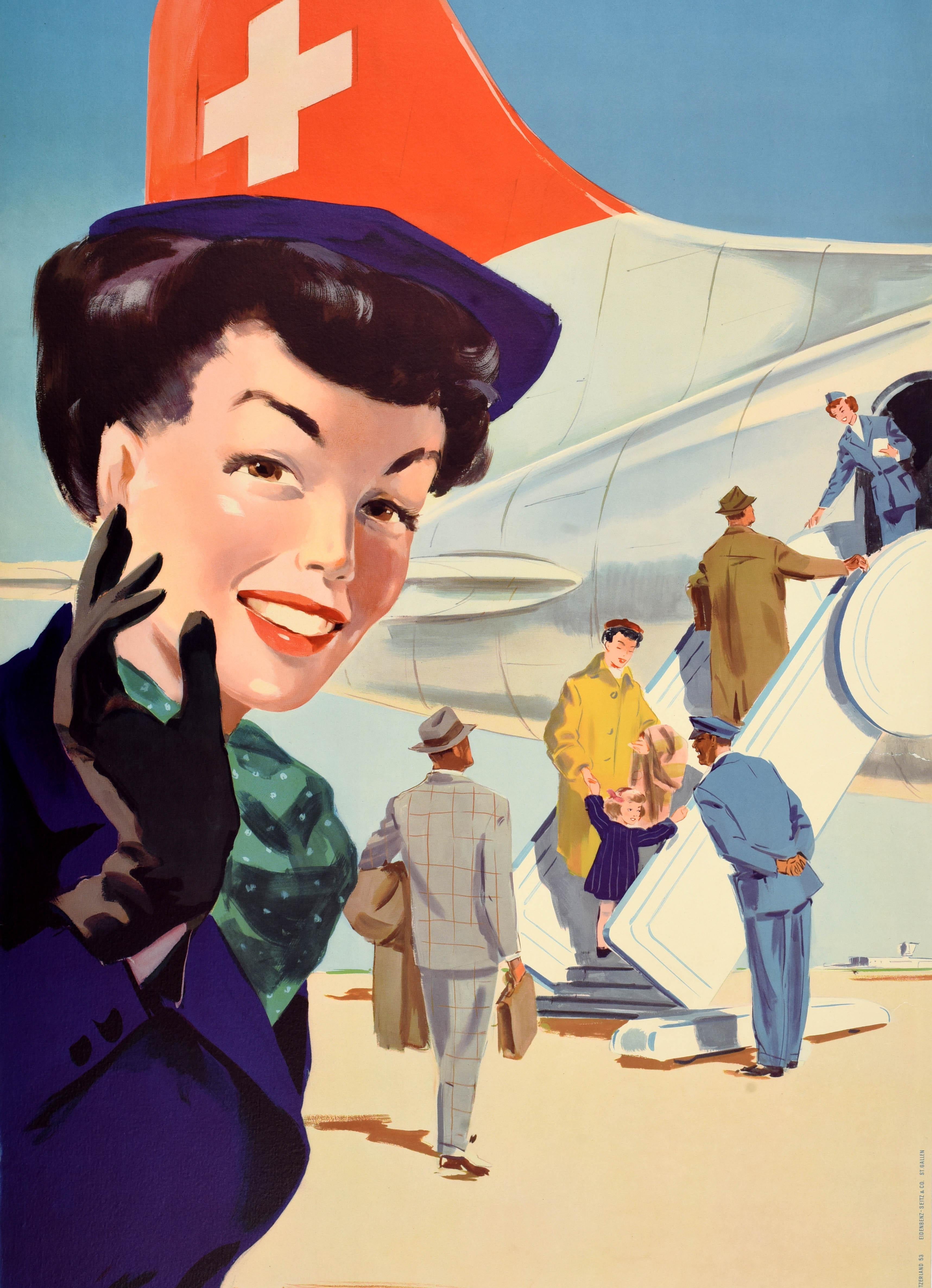 Original-Reiseplakat der Swissair aus der Mitte des Jahrhunderts mit einem farbenfrohen Gemälde des bekannten Grafikers Hans Looser (1919-1988), das eine lächelnde Dame mit schwarzen Handschuhen, blauer Jacke und Mütze und einem grünen gepunkteten