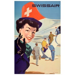 Original Vintage Travel Advertising Poster Swissair Hans Looser Swiss Midcentury
