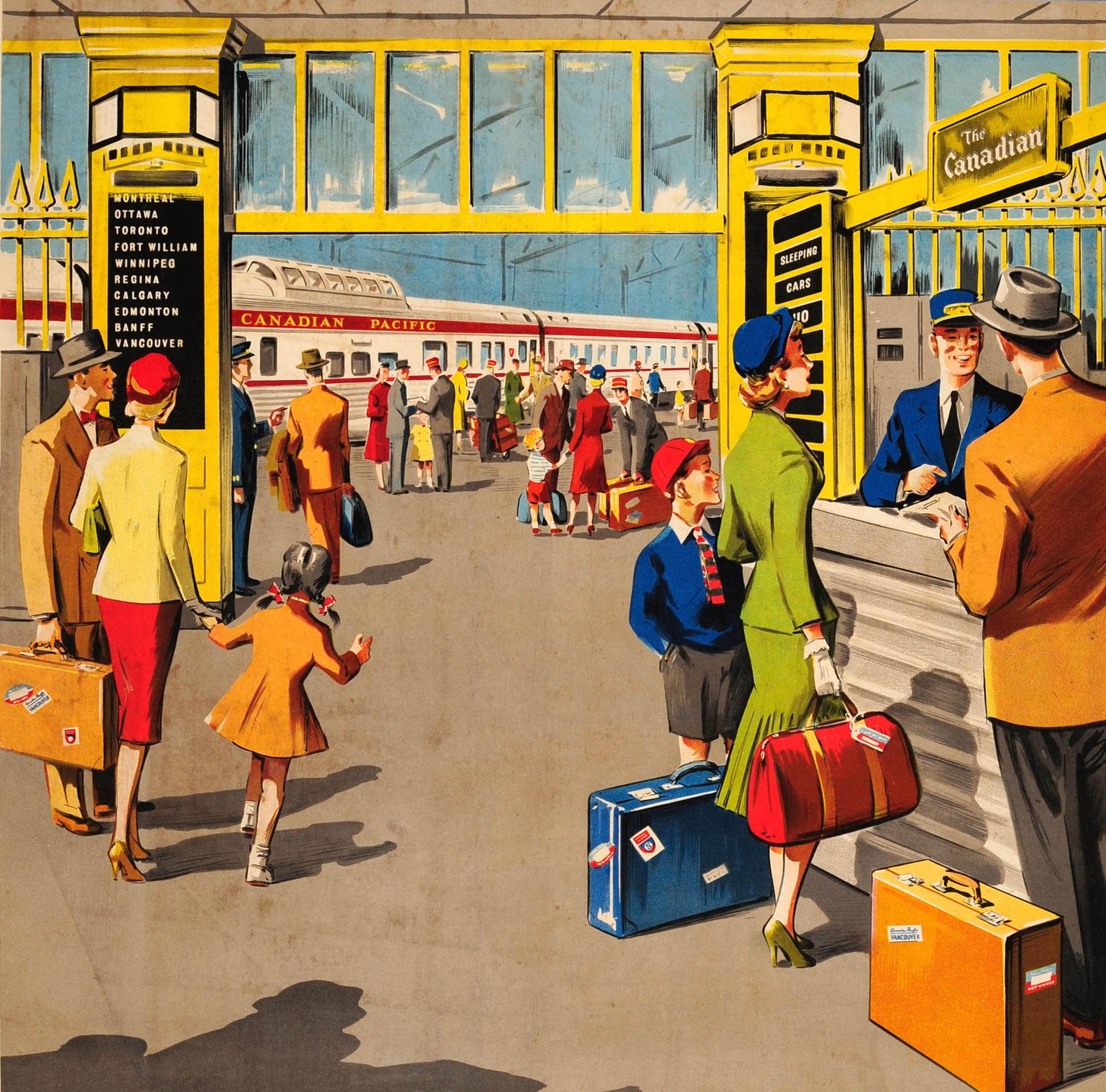 Original vintage travel advertising poster: Travel Canadian Pacific in Canada comfortably and quickly to your destination. Colorful illustration of a train station busy with smartly dressed people with their bags waiting for their trains, families