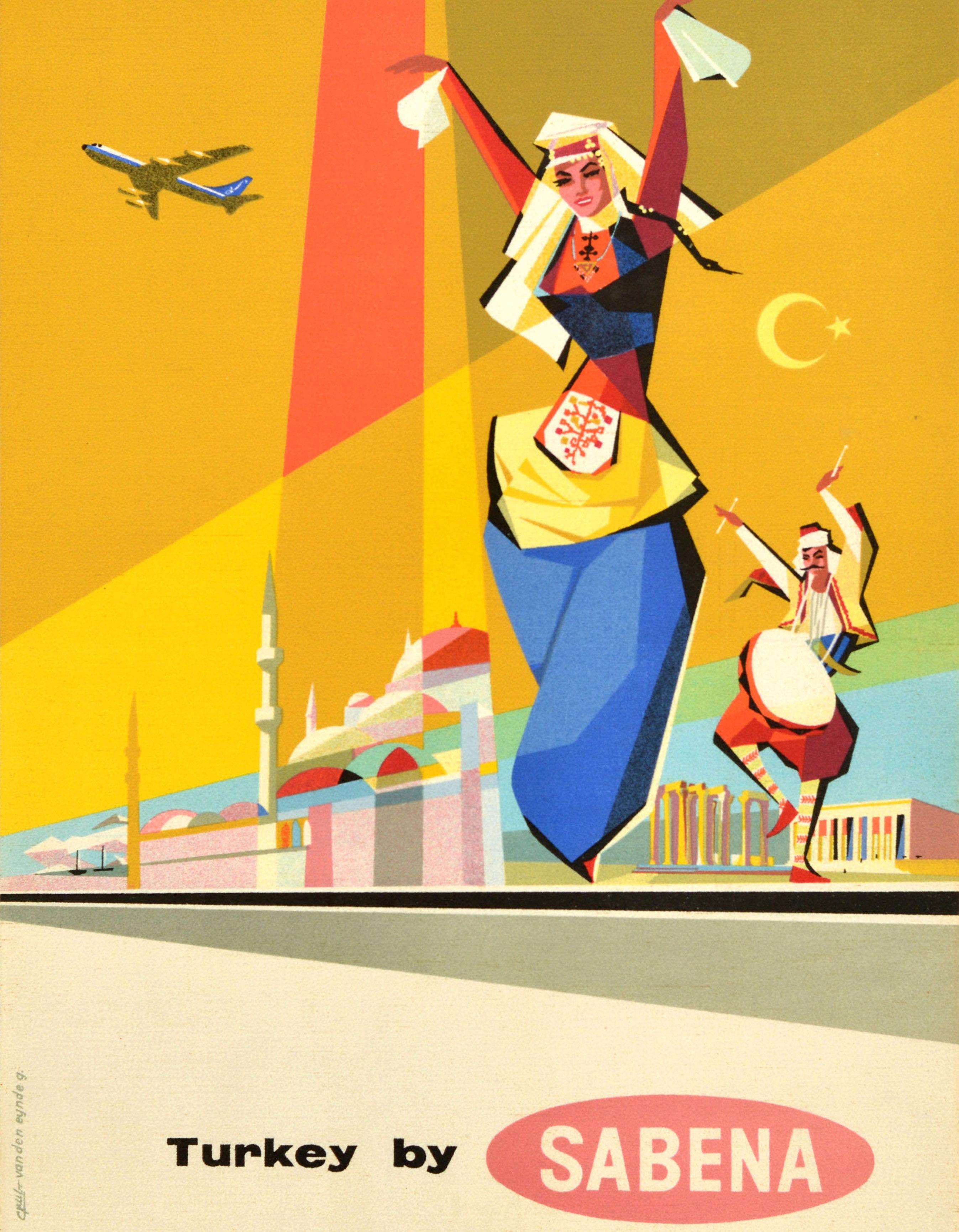 Cartel publicitario de viajes original de época - Turquía de Sabena Belgian World Airlines - con una colorida imagen estilizada de una dama bailando con un traje tradicional y un hombre tocando música con un tambor delante de unas ruinas antiguas