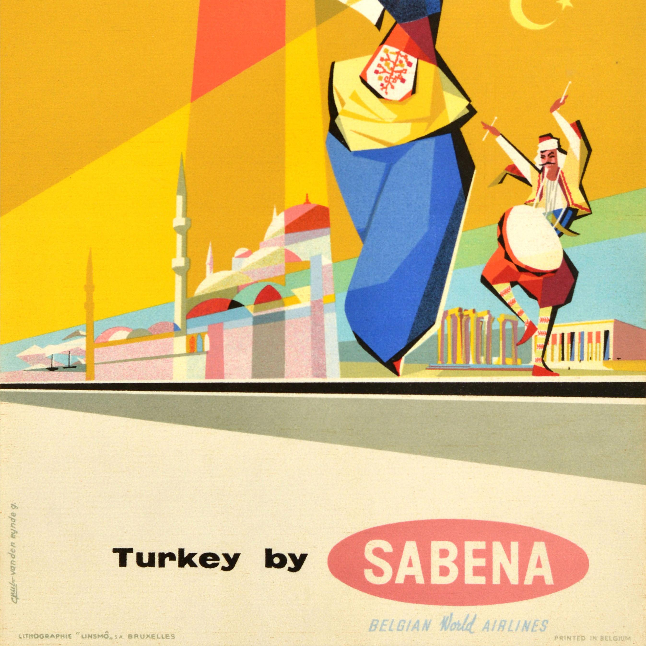 Cartel publicitario original de época sobre viajes Turquía Sabena Belgian Airlines Eynde en Excelente estado para la venta en London, GB