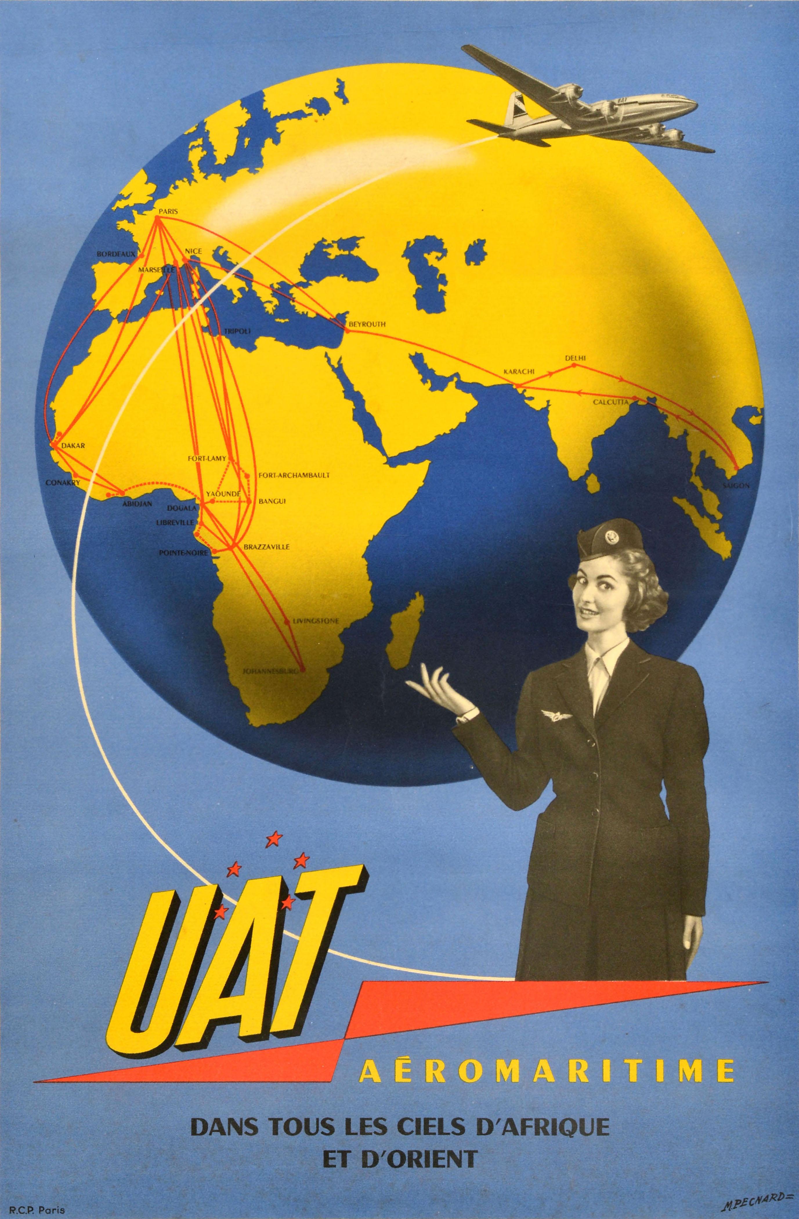 Original vintage travel advertising poster - UAT Aeromaritime dans touls les ciels d'Afrique et d'Orient / in all the skies of Africa and the Orient - featuring a striking design depicting a black and white photograph of an air stewardess in a smart